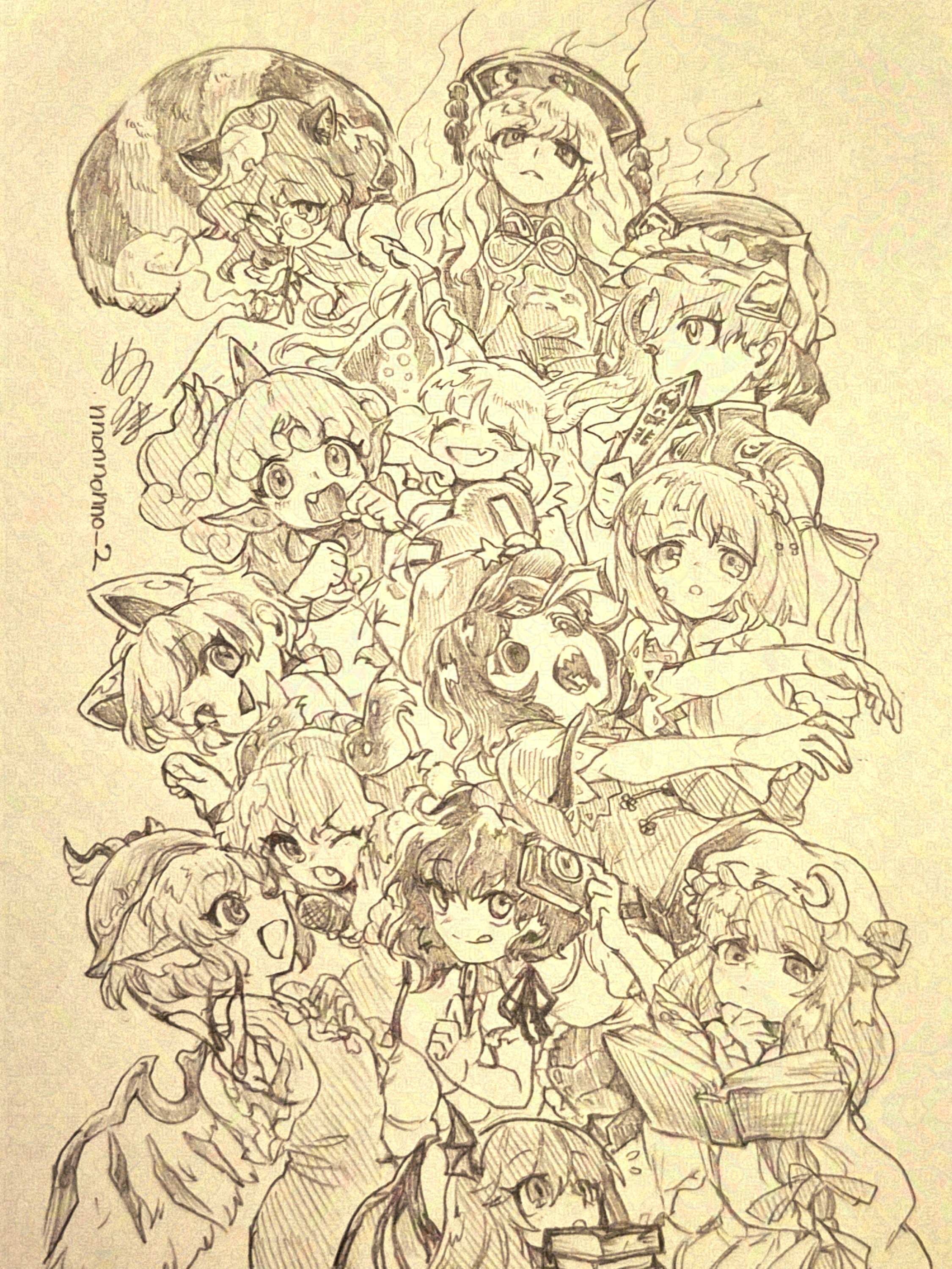 menotama, futatsuiwa mamizou, goutokuji mike, hieda no akyuu, ibuki suika, junko (touhou), kasodani kyouko, koakuma, komano aunn, miyako yoshika, mystia lorelei, patchouli knowledge, shameimaru aya, shiki eiki, touhou, absurdres, commentary request, highres, traditional media, 6+girls, :q, animal ears, artist name, asymmetrical hair, bird ears, blush, book, camera, cat ears, cat girl, closed mouth, collared shirt, crescent, crescent hat ornament, curly hair, dalachi (headdress), demon wings, dog ears, dog girl, dress, energy, epaulettes, fang, fingernails, flower, frilled hat, frills, geta, glasses, gourd, hair flower, hair ornament, hat, hat ornament, head wings, holding, holding camera, holding microphone, horn ornament, horn ribbon, horns, jiangshi, kariyushi shirt, kiseru, komainu ears, komainu girl, leaf, leaf on head, long fingernails, microphone, mob cap, multiple girls, neck ribbon, ofuda, one eye closed, oni, open book, open mouth, outstretched arms, pom pom (clothes), raccoon ears, raccoon girl, raccoon tail, reading, ribbon, rod of remorse, sharp teeth, shirt, signature, single horn, skin fang, smile, smoking pipe, star (symbol), star hat ornament, tabard, tail, teeth, tokin hat, tongue, tongue out, winged hat, wings, zombie pose