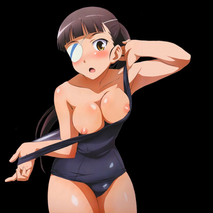 sakamoto mio, strike witches, world witches series, third-party edit, 00s, 1girl, blush, breasts, brown eyes, eyepatch, female focus, large breasts, nipples, open mouth, solo, swimsuit