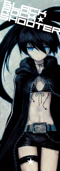 huke, black rock shooter (character), black rock shooter, 10s, 1girl, belt, bikini, bikini top only, black hair, chain, female focus, jacket, pale skin, scar, shorts, solo, swimsuit, thigh strap, twintails