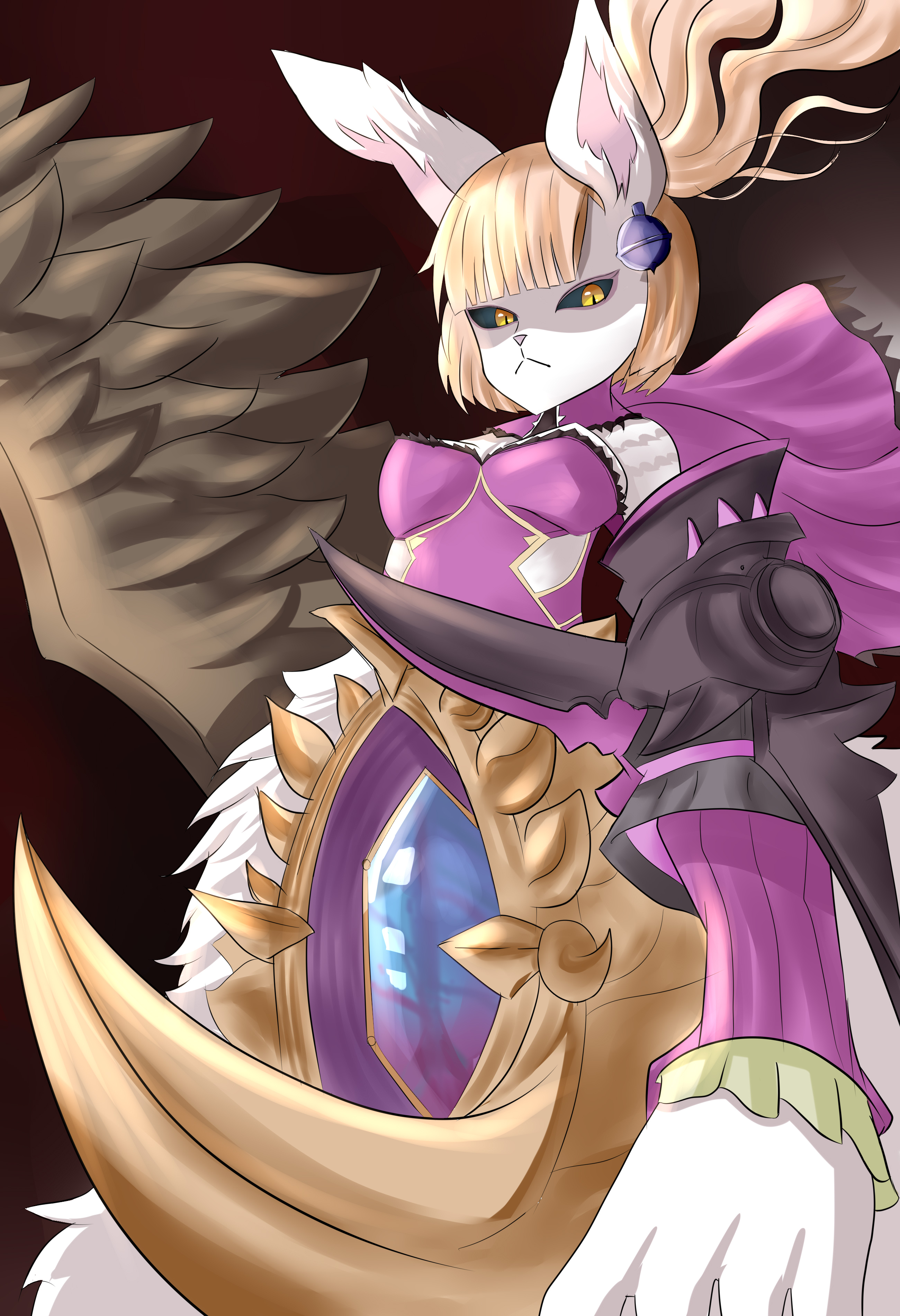 carig, shadow dinah (grimms notes), grimms notes, 1girl, animal ears, black sclera, blonde hair, breasts, closed mouth, colored sclera, floating hair, looking at viewer, monster girl, solo, yellow eyes