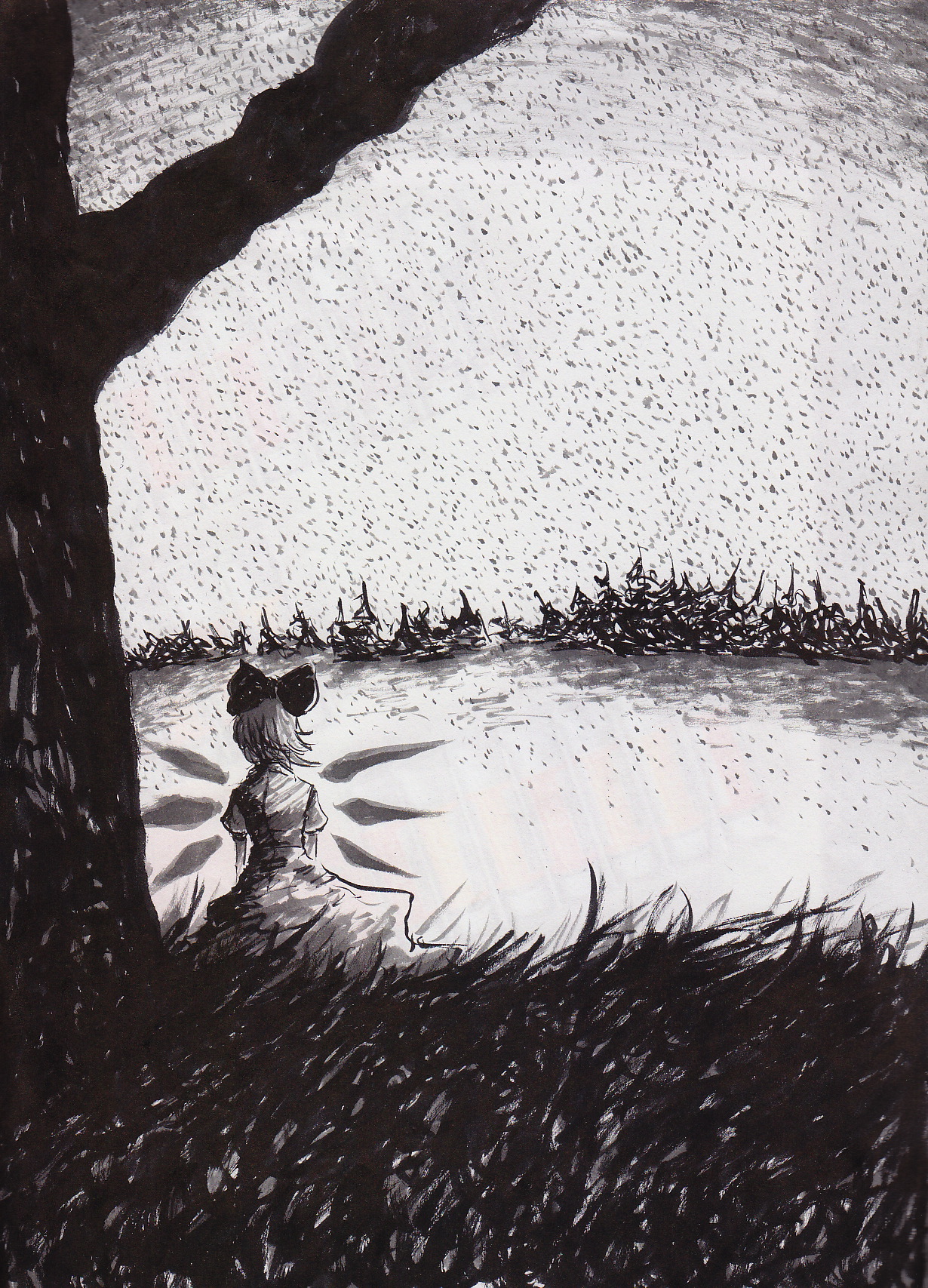 let (starlet 5mt), cirno, embodiment of scarlet devil, touhou, bad id, bad pixiv id, brush (medium), highres, traditional media, 1girl, back, female focus, greyscale, monochrome, nature, outdoors, sky, snow, solo, tree, wings