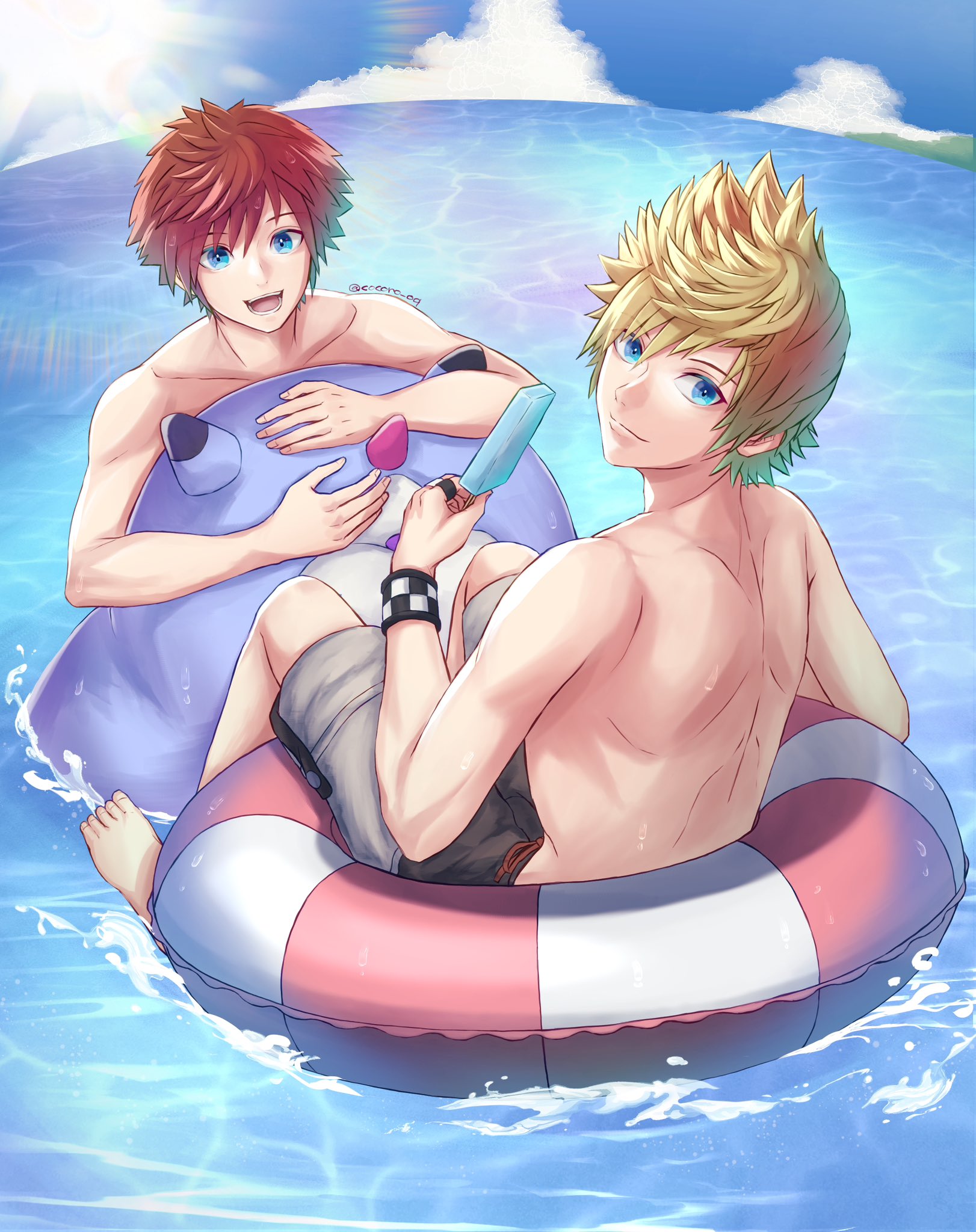 cocoro oq, chirithy, roxas, sora (kingdom hearts), kingdom hearts, kingdom hearts ii, highres, 2boys, afloat, barefoot, blonde hair, brown hair, checkered wristband, closed mouth, food, grey male swimwear, grey shorts, hair between eyes, holding, holding food, holding ice cream, ice cream, ice cream bar, jewelry, looking at viewer, male focus, male swimwear, multiple boys, multiple rings, ocean, open mouth, ring, short hair, shorts, sitting, spiked hair, swim ring, topless male, twintails, wristband