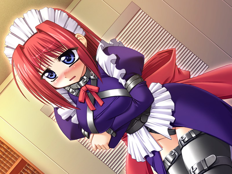 hisame genta, toshizoo, shuri (kikaijikake no eve), kikaijikake no eve ~dea ex machina~, ninetail (company), game cg, 1girl, bdsm, blue eyes, blush, chastity belt, collar, female focus, indoors, maid, red hair, solo, strap, thighhighs