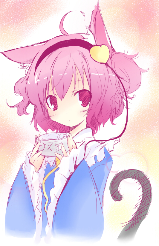 shichinose, komeiji satori, touhou, 1girl, ahoge, animal ears, can, cat ears, cat girl, cat tail, female focus, gradient background, hairband, heart, kemonomimi mode, pink eyes, pink hair, short hair, solo, tail
