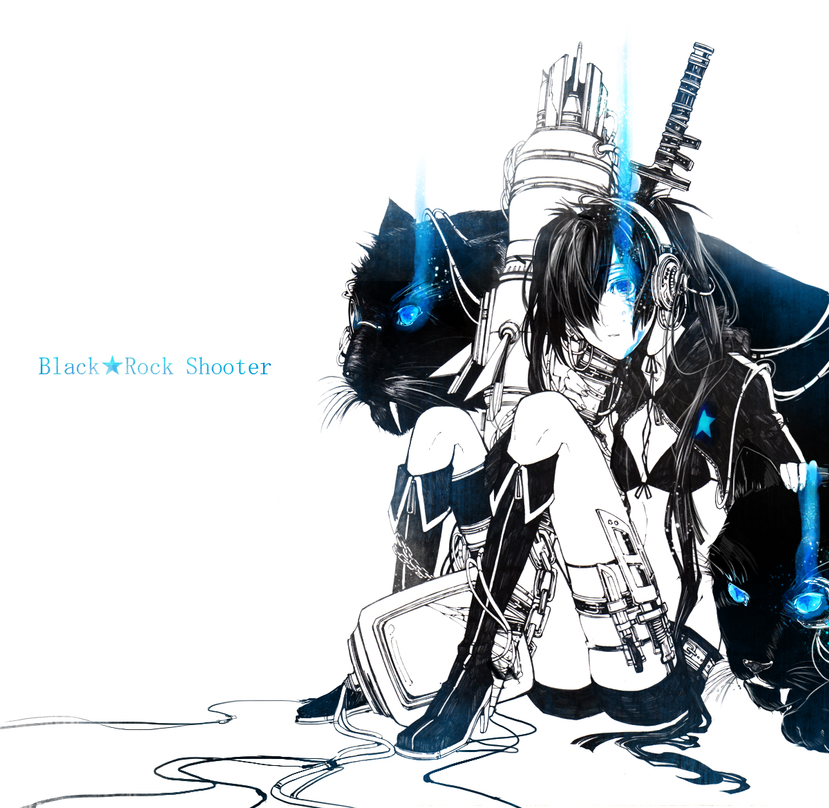 chess08, kuroda (geometry dogs), misaki (chess08), black panther, black rock shooter (character), black rock shooter, bad id, bad pixiv id, 10s, 1girl, animal, arm cannon, bikini, bikini top only, black hair, blue eyes, boots, chain, female focus, glowing, glowing eyes, gun, knife, long hair, midriff, monochrome, navel, panther, shorts, simple background, sitting, solo, spot color, swimsuit, sword, tears, thigh strap, twintails, weapon