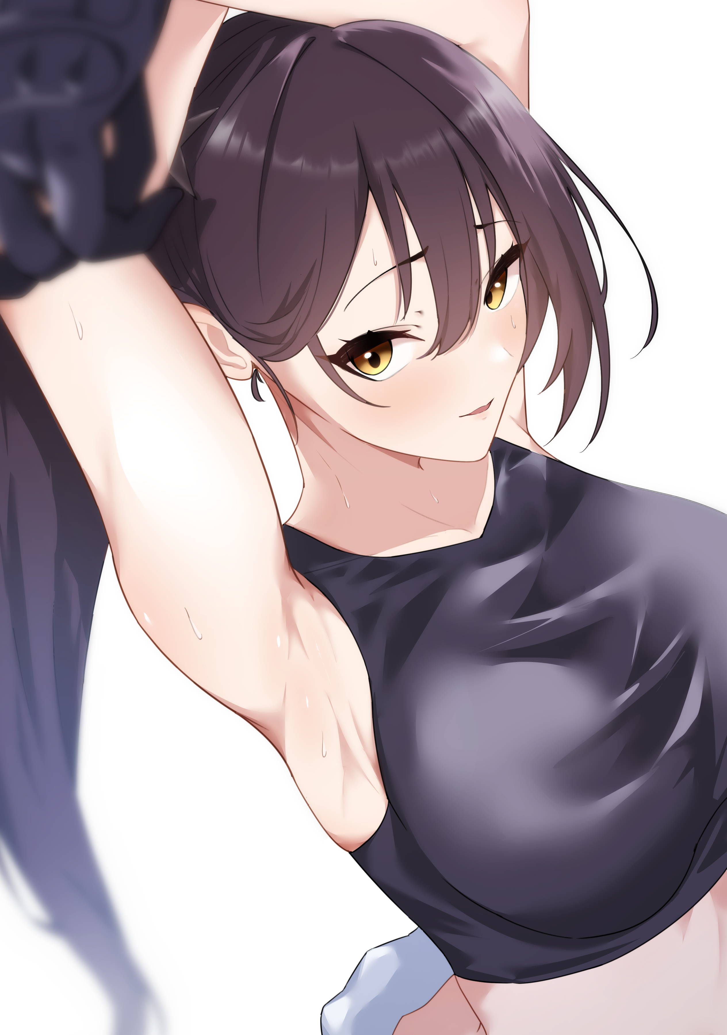 nonokuro no96, zuikaku (azur lane), zuikaku (zoom like the wind) (azur lane), azur lane, absurdres, commentary, highres, 1girl, armpits, arms up, bare shoulders, black gloves, black tank top, blurry, blush, breasts, brown hair, collarbone, crop top, depth of field, from above, gloves, high ponytail, jumpsuit, large breasts, long hair, looking at viewer, official alternate costume, open jumpsuit, open mouth, ponytail, purple jumpsuit, racing suit, simple background, smile, solo, stretching, sweat, tank top, very long hair, white background, yellow eyes