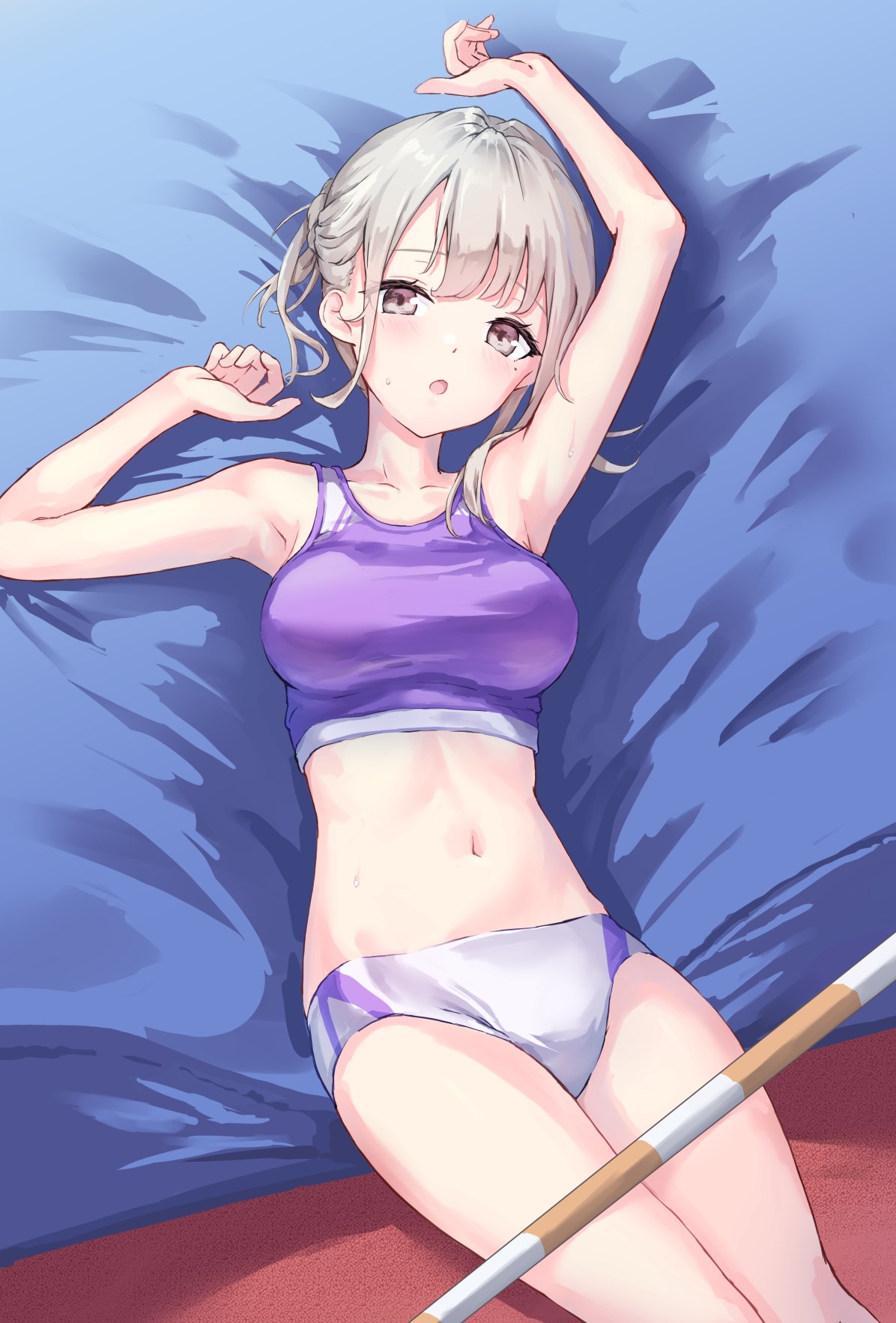 parufeito, original, commentary request, commission, highres, skeb commission, 1girl, armpits, arms up, blonde hair, bra, breasts, collarbone, cowboy shot, looking at viewer, lying, medium breasts, navel, on back, open mouth, pole vault, purple bra, purple sports bra, short hair, solo, sports bra, sportswear, sweatdrop, underwear