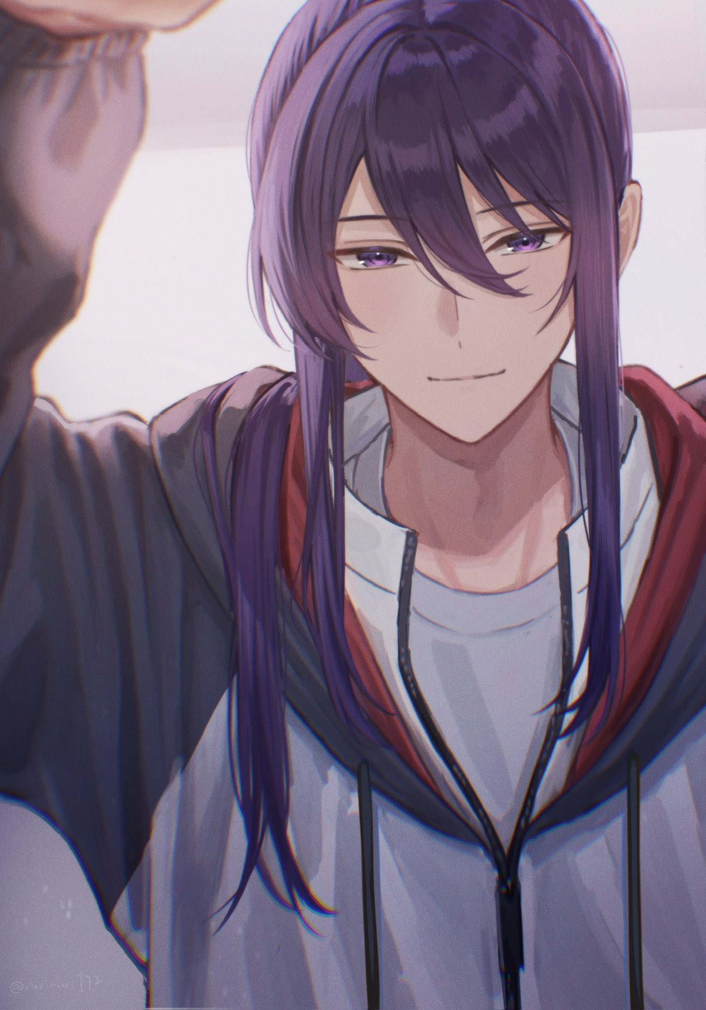 ruriruri772, kanzaki souma, ensemble stars!, highres, 1boy, black hoodie, closed mouth, double-parted bangs, drawstring, from below, hair between eyes, hair intakes, hair over shoulder, hand up, hood, hoodie, incoming headpat, indoors, long hair, long sleeves, looking at viewer, looking down, male focus, ponytail, pov adoring, purple eyes, shirt, shirt under hoodie, sidelocks, smile, two-tone hoodie, upper body, white hoodie, white shirt