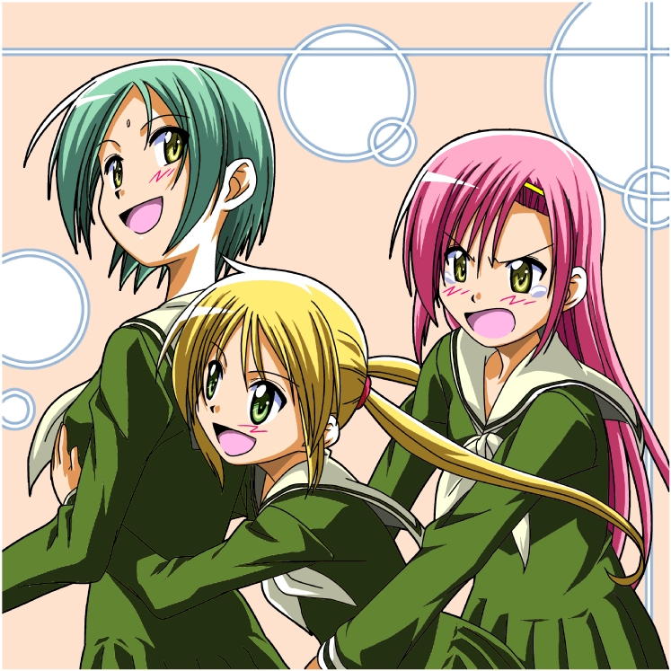 segawa haruna, hasekura rei, itou shizuka, katsura hinagiku, katsura yukiji, kugimiya rie, matsudaira touko, nabatame hitomi, sanzen'in nagi, torii eriko, hayate no gotoku!, maria-sama ga miteru, bad id, blonde hair, cosplay, facial mark, forehead mark, green eyes, green hair, groping, hasekura rei (cosplay), hug, long hair, matsudaira touko (cosplay), parody, pink hair, school uniform, serafuku, short hair, siblings, sisters, tears, torii eriko (cosplay), twintails, voice actor connection, yellow eyes