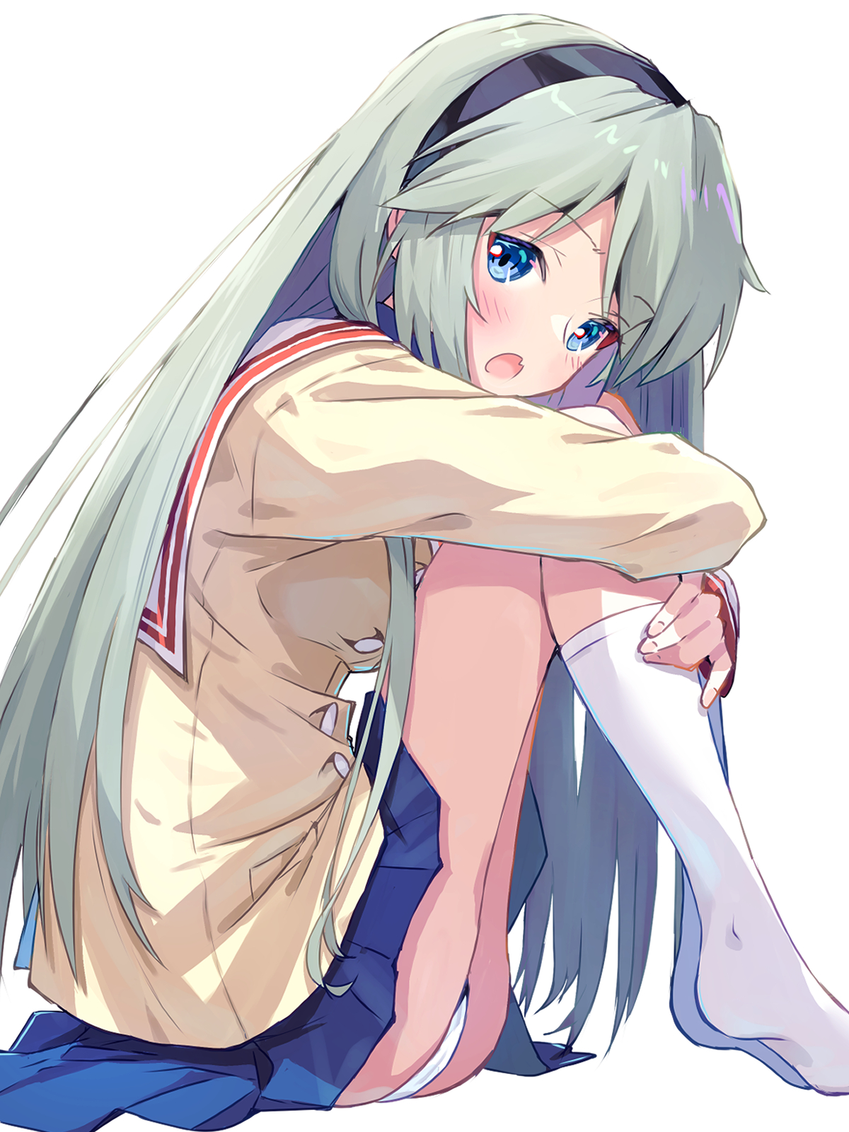 akayama yukihe, sakagami tomoyo, clannad, commentary, highres, 1girl, :o, black hairband, blazer, blue eyes, blue skirt, blush, buttons, fang, from side, full body, grey hair, hair between eyes, hairband, hikarizaka private high school uniform, hugging own legs, jacket, kneehighs, knees up, leaning forward, long hair, long sleeves, looking at viewer, miniskirt, no shoes, open mouth, panties, pleated skirt, sailor collar, school uniform, serafuku, sidelocks, simple background, sitting, skin fang, skirt, socks, soles, solo, straight hair, underwear, very long hair, white background, white panties, white sailor collar, white socks, yellow jacket