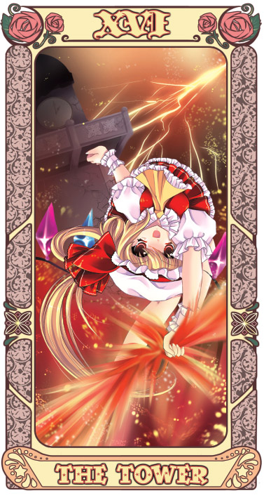 sakurano ru, flandre scarlet, embodiment of scarlet devil, touhou, 1girl, blonde hair, card, card (medium), female focus, hat, mob cap, red eyes, solo, tarot, tarot (medium), the tower (tarot), white hat