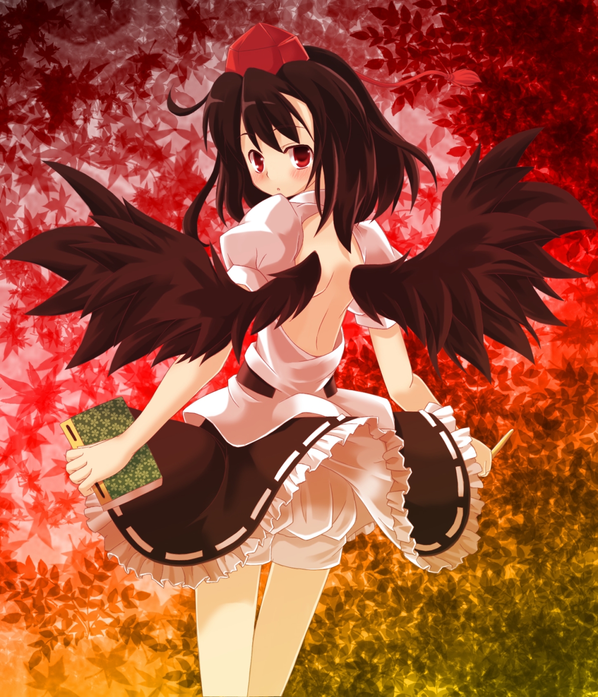 gumoyu, shameimaru aya, touhou, bad id, bad pixiv id, highres, 1girl, back, black hair, black wings, bloomers, blush, book, female focus, hat, looking at viewer, red eyes, solo, tokin hat, underwear, wings