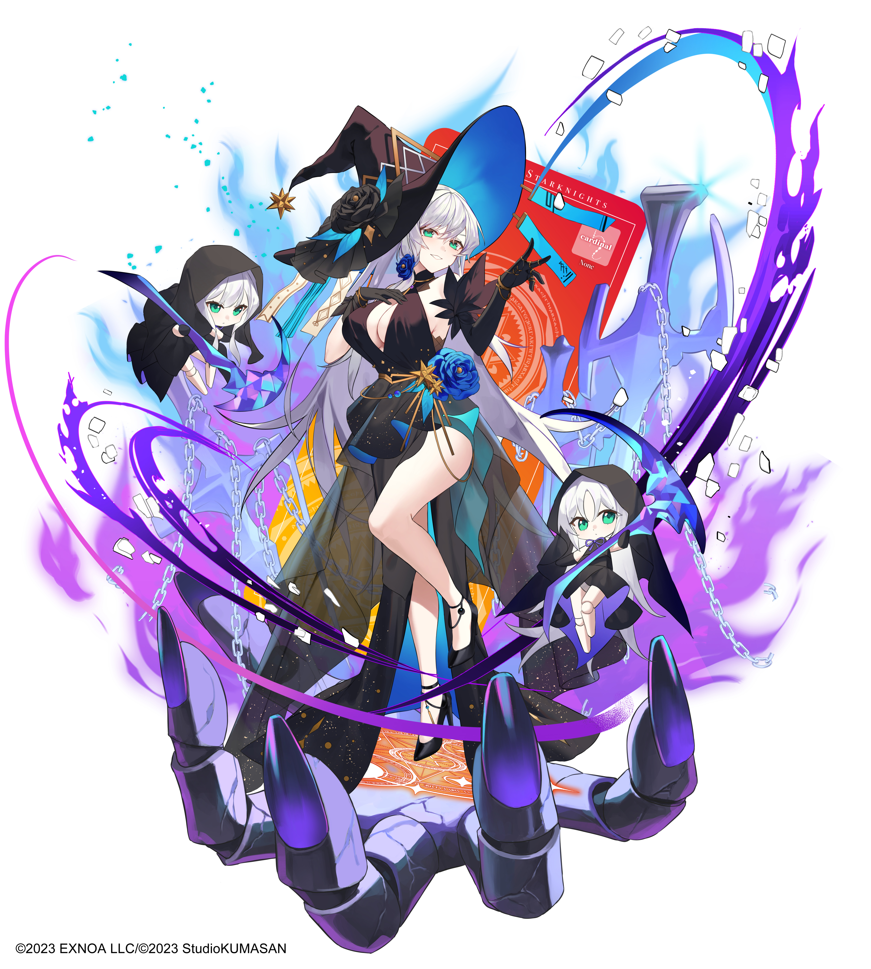 shotgunman, twinkle star knights, absurdres, highres, official art, black dress, black gloves, blue flower, blue rose, breasts, doll, dress, flower, gloves, green eyes, holding, holding weapon, large breasts, looking at viewer, magic, no bra, rose, simple background, standing, standing on one leg, weapon, white background, white hair, witch