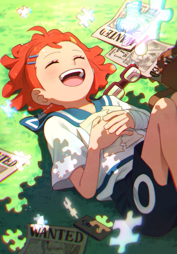 tsurumura ichiru, monkey d. luffy, nami's fangirl, nami (one piece), roronoa zoro, one piece, one piece fan letter, commentary request, 1girl, bandaged hand, bandages, black shorts, closed eyes, dappled sunlight, feet out of frame, glasses, grass, hair ornament, hairclip, holding, holding letter, knees up, letter, lying, on back, open mouth, orange hair, outdoors, paper, puzzle piece, shirt, short hair, short sleeves, shorts, smile, solo, sunlight, teeth, twitter username, unworn headwear, upper teeth only, wanted poster, white shirt