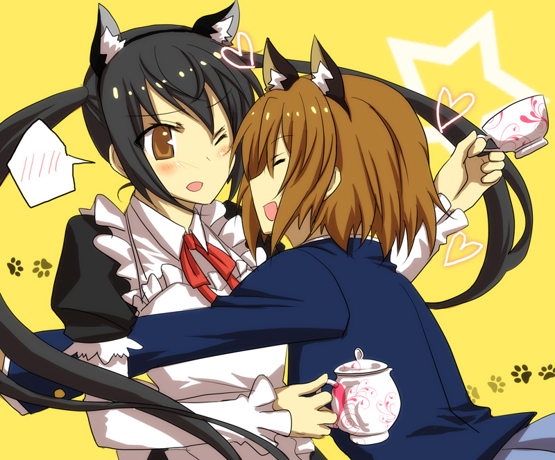 hirasawa yui, nakano azusa, k-on!, 00s, 2girls, animal ears, black hair, blush, brown eyes, brown hair, cat ears, cat girl, closed eyes, cup, female focus, heart, hug, long hair, maid, multiple girls, open mouth, school uniform, short hair, star (symbol), teacup, twintails, very long hair, wink, yuri