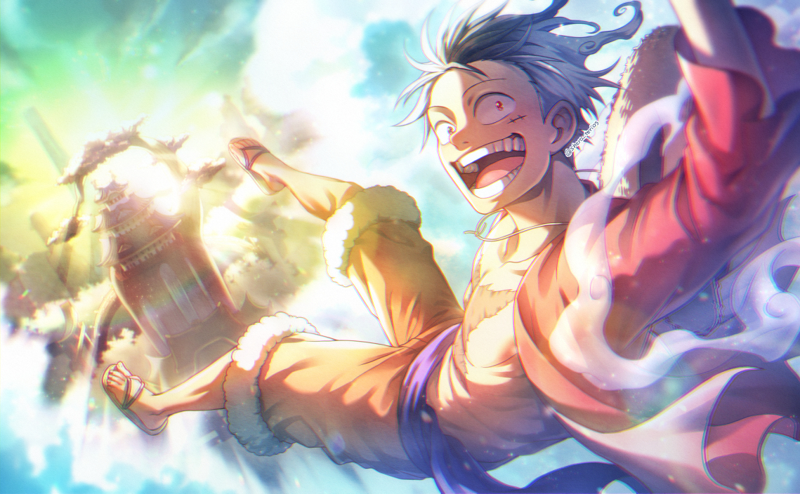 tsurumura ichiru, monkey d. luffy, one piece, commentary request, 1boy, black hair, castle, cloud, collarbone, cross scar, facial scar, flip-flops, floating, fur-trimmed shorts, fur trim, hat, long sleeves, looking back, male focus, open clothes, open mouth, open shirt, orange shorts, outdoors, purple sash, red shirt, sandals, sash, scar, scar on cheek, scar on chest, scar on face, shirt, short hair, shorts, smile, solo, straw hat, sun, sunrise, unworn hat, unworn headwear