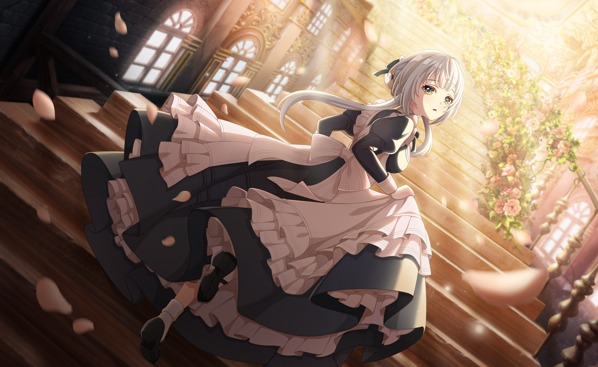artoria pendragon (fate), saber alter, senju iroha, world dai star, commentary request, game cg, highres, official art, third-party source, 1girl, apron, black dress, black ribbon, breasts, building, cherry blossoms, dress, dutch angle, flower, frills, green eyes, hair ribbon, juliet sleeves, long sleeves, looking at viewer, medium breasts, outdoors, petals, puffy sleeves, railing, ribbon, shoes, short hair, solo, stairs, yellow eyes