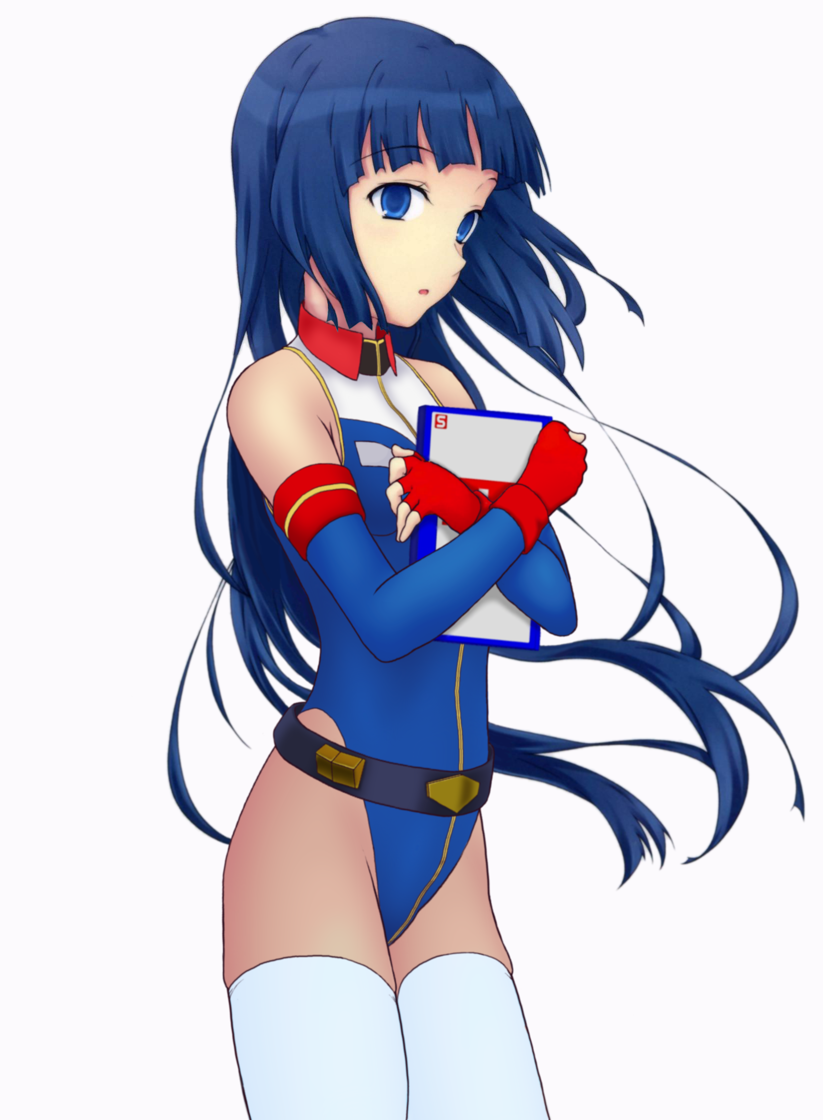 zange, gundam, kannagi, highres, source request, tagme, third-party edit, 1girl, belt, blue eyes, blue hair, blunt bangs, bodysuit, breasts, cosplay, female focus, gloves, highleg, highleg leotard, leotard, long hair, matching hair/eyes, noteblock, notebook, simple background, small breasts, solo, standing, thighhighs, white background