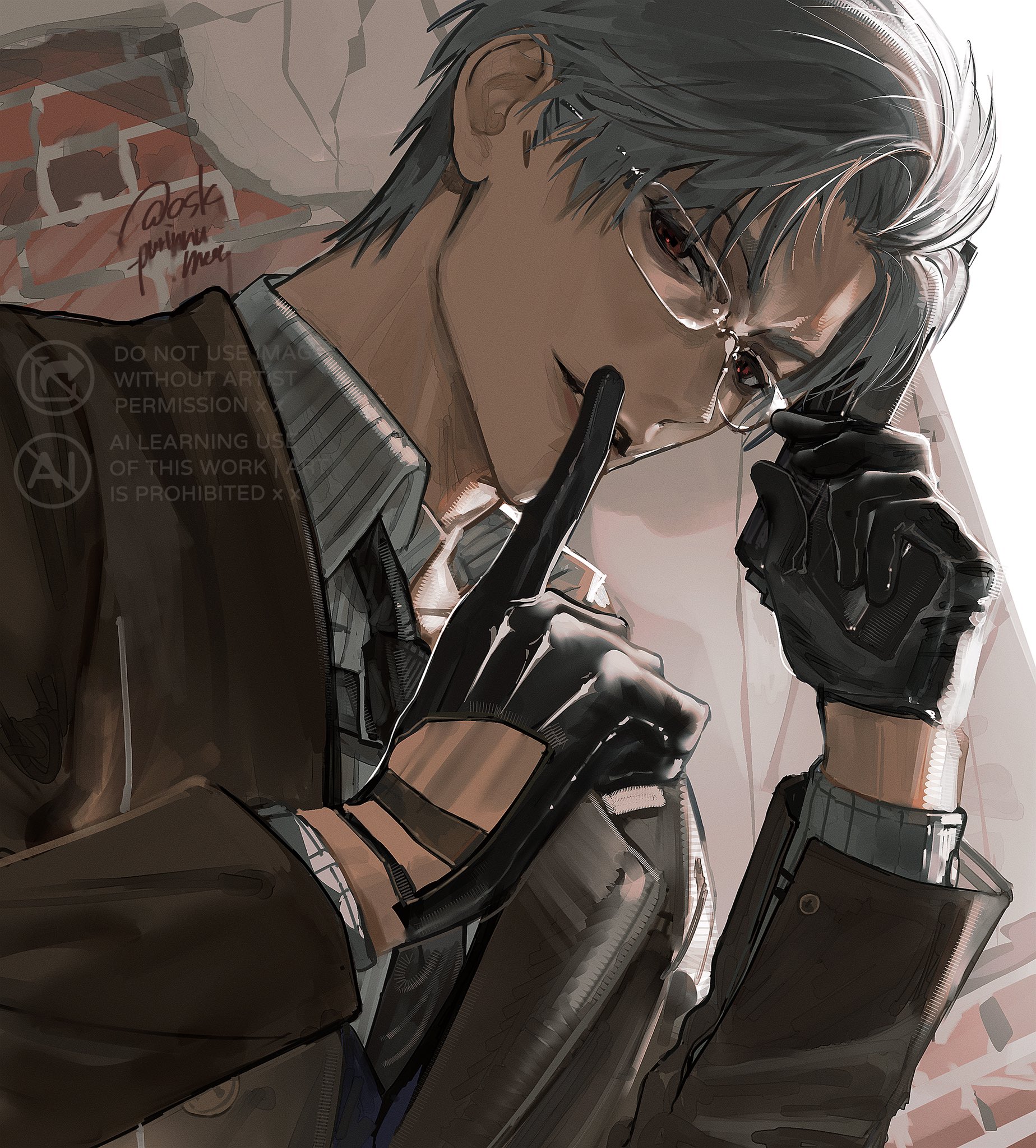 osaki iyo, sylus (love and deepspace), love and deepspace, highres, 1boy, adjusting eyewear, black gloves, black necktie, brick wall, brown jacket, collarbone, finger to mouth, glasses, gloves, grey hair, jacket, looking at viewer, male focus, necktie, parted lips, red eyes, shirt, short hair, smile, solo, striped clothes, striped shirt, twitter username, upper body