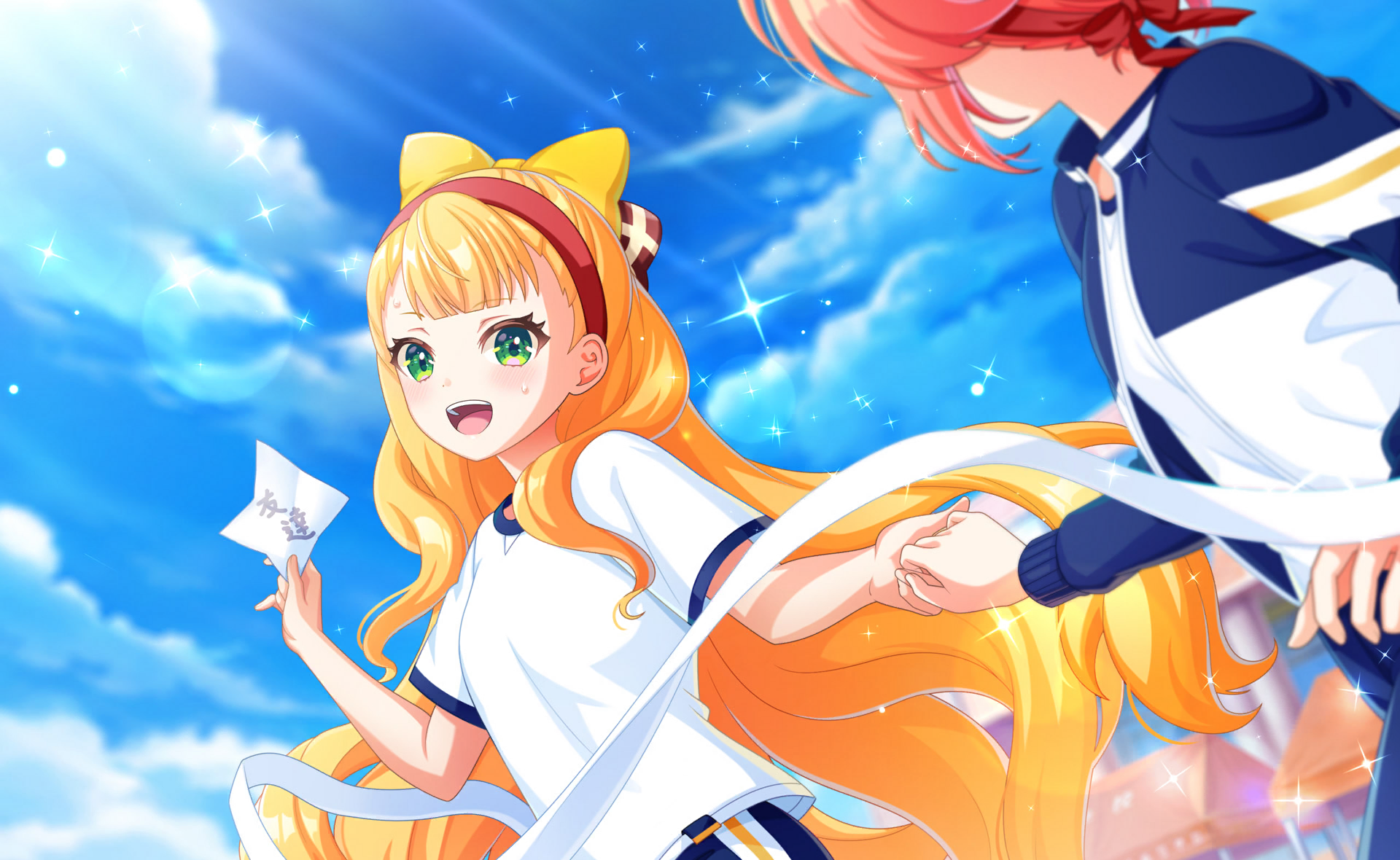 kathrina griebel, world dai star, commentary request, game cg, highres, official art, third-party source, 2girls, :d, blonde hair, blue sky, blunt bangs, blurry, bow, card, cloud, day, depth of field, envelope, green eyes, hair bow, hairband, holding, holding hands, holding paper, letter, long hair, love letter, multiple girls, open mouth, orange hair, outdoors, paper, ponytail, red hair, shirt, short hair, sky, smile, sparkle, very long hair, white shirt