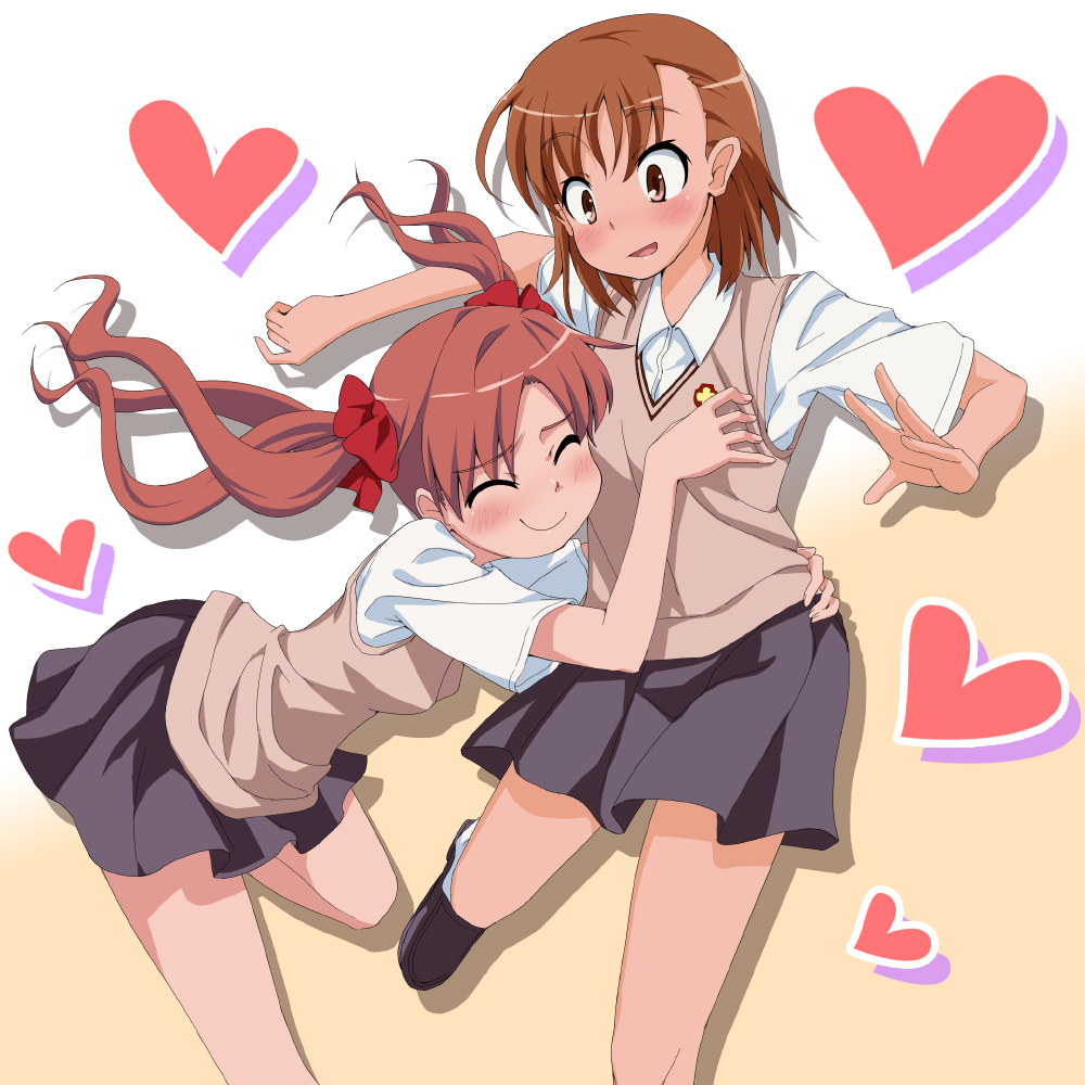 bon (moegomi), misaka mikoto, shirai kuroko, toaru kagaku no railgun, toaru majutsu no index, 00s, 2girls, blush, breasts, closed eyes, female focus, grabbing another's breast, groping, heart, hug, multiple girls, school uniform, smile, yuri