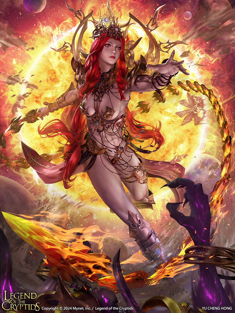 yu cheng hong, legend of the cryptids, original, character request, official art, 1girl, 1other, 2024, abs, arm up, armor, armored pasties, armpits, artist name, attack, bikini armor, boots, breasts, brown boots, copyright logo, copyright name, copyright notice, dated, dynamic pose, fantasy, fire, fireball, floating clothes, floating hair, full body, gold armor, gold gauntlets, gold thighlet, holding, holding whip, jewelry, large breasts, light particles, lipstick, logo, long hair, long sidelocks, looking ahead, makeup, monster, navel, nose, outstretched arms, parted lips, pasties, planet, reaching, reaching towards viewer, realistic, red eyes, red hair, red lips, revealing clothes, shoulder blades, sidelocks, sky, solo focus, space, standing, standing on one leg, star (sky), starry sky, sun, thighlet, tiara, toned, toned female, turning around, very long hair