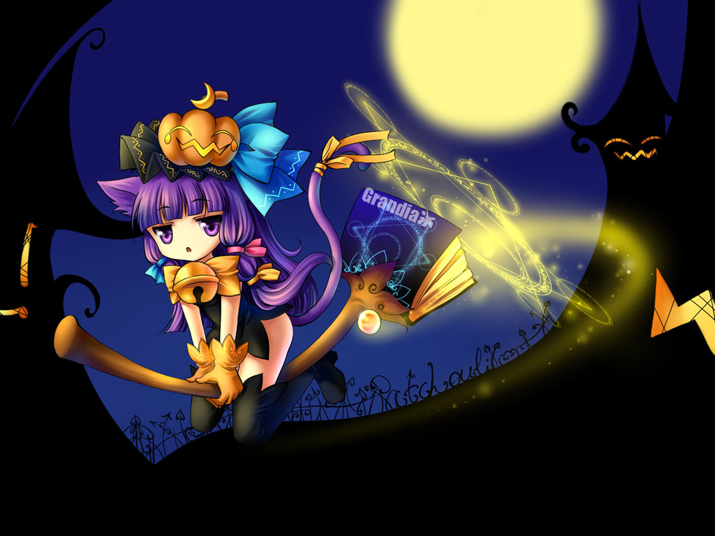grandia koori, patchouli knowledge, touhou, bad id, bad pixiv id, 1girl, animal ears, book, broom, cat ears, cat girl, cat tail, female focus, gloves, halloween, hat, jack-o'-lantern, long hair, pumpkin, pumpkin hat, purple eyes, purple hair, solo, tail