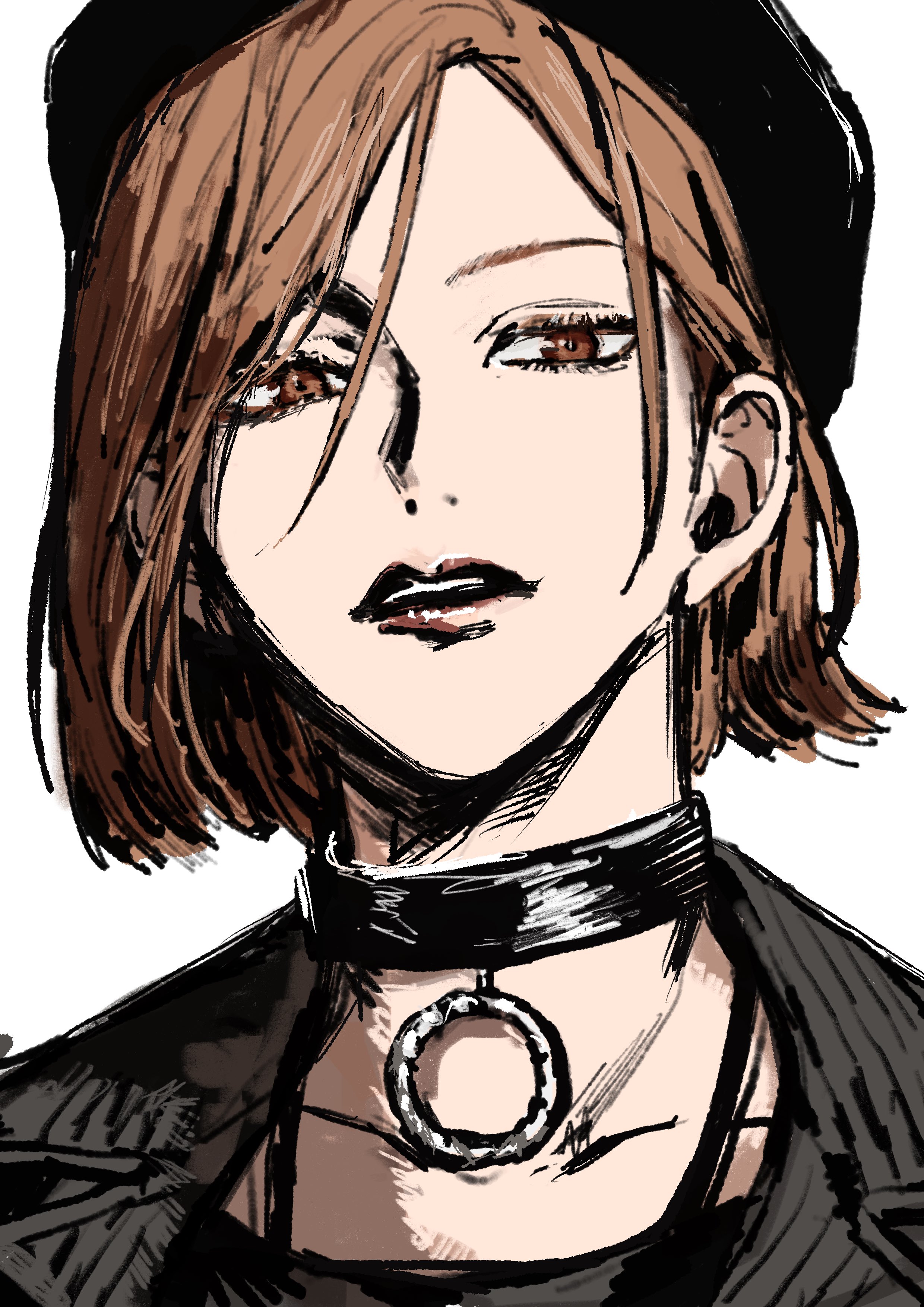 osaki iyo, kugisaki nobara, jujutsu kaisen, absurdres, highres, 1girl, beret, black choker, black hat, black jacket, black shirt, brown eyes, brown hair, choker, hair between eyes, hat, jacket, jewelry, looking at viewer, necklace, o-ring, o-ring choker, parted lips, shirt, short hair, solo, upper body, white background