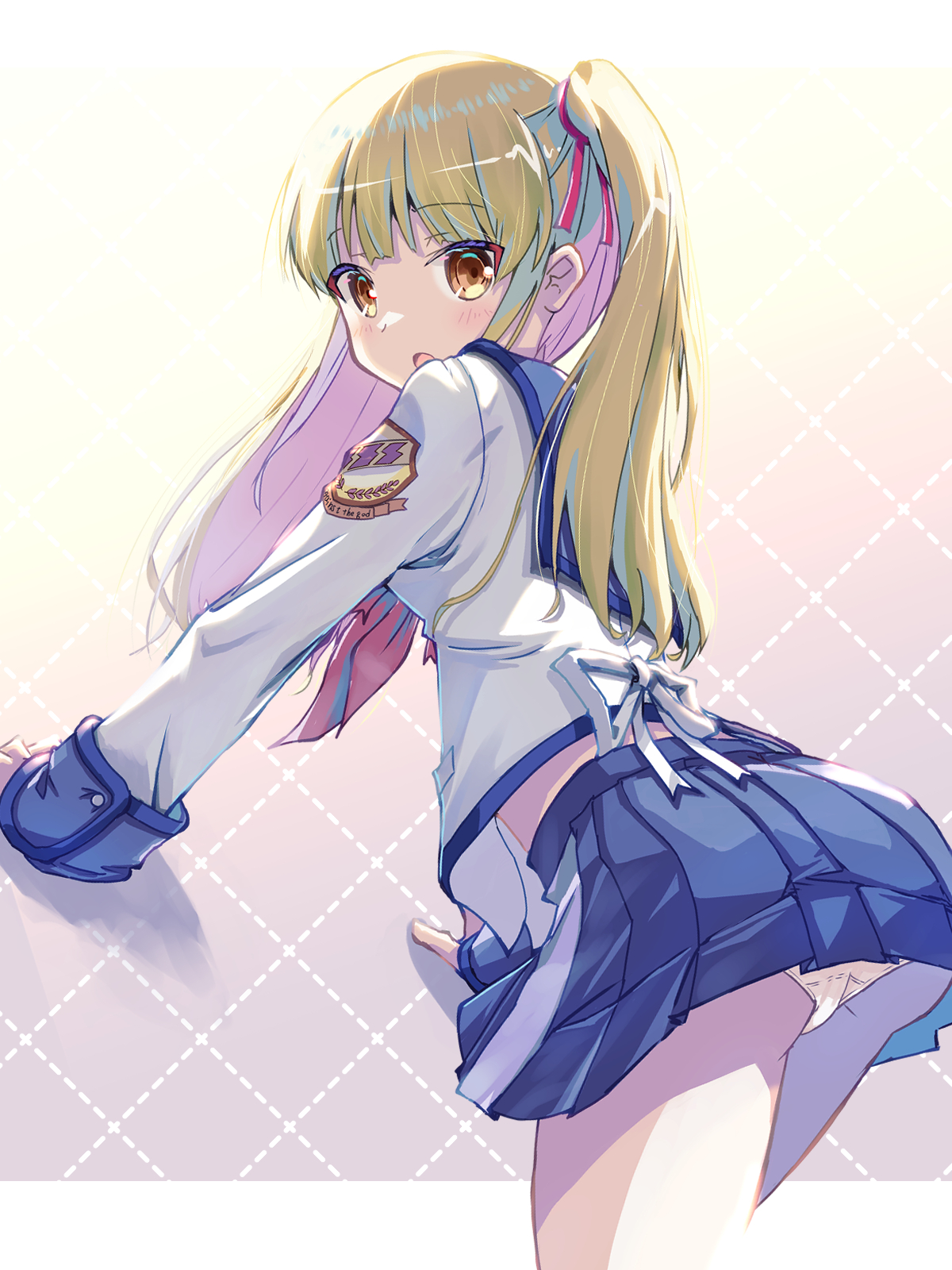 akayama yukihe, yusa (angel beats!), angel beats!, commentary, highres, revision, 1girl, :o, all fours, ass, backlighting, blonde hair, blue sailor collar, blue skirt, blunt bangs, blush, cowboy shot, dutch angle, eyes visible through hair, from behind, grey background, hair ribbon, hair spread out, letterboxed, long hair, long sleeves, looking at viewer, looking back, midriff, miniskirt, neckerchief, open mouth, orange eyes, panties, pink neckerchief, pleated skirt, red ribbon, ribbon, sailor collar, shinda sekai sensen uniform, shirt, sidelighting, simple background, skirt, solo, straight hair, tareme, twintails, underwear, white panties, white ribbon, white shirt
