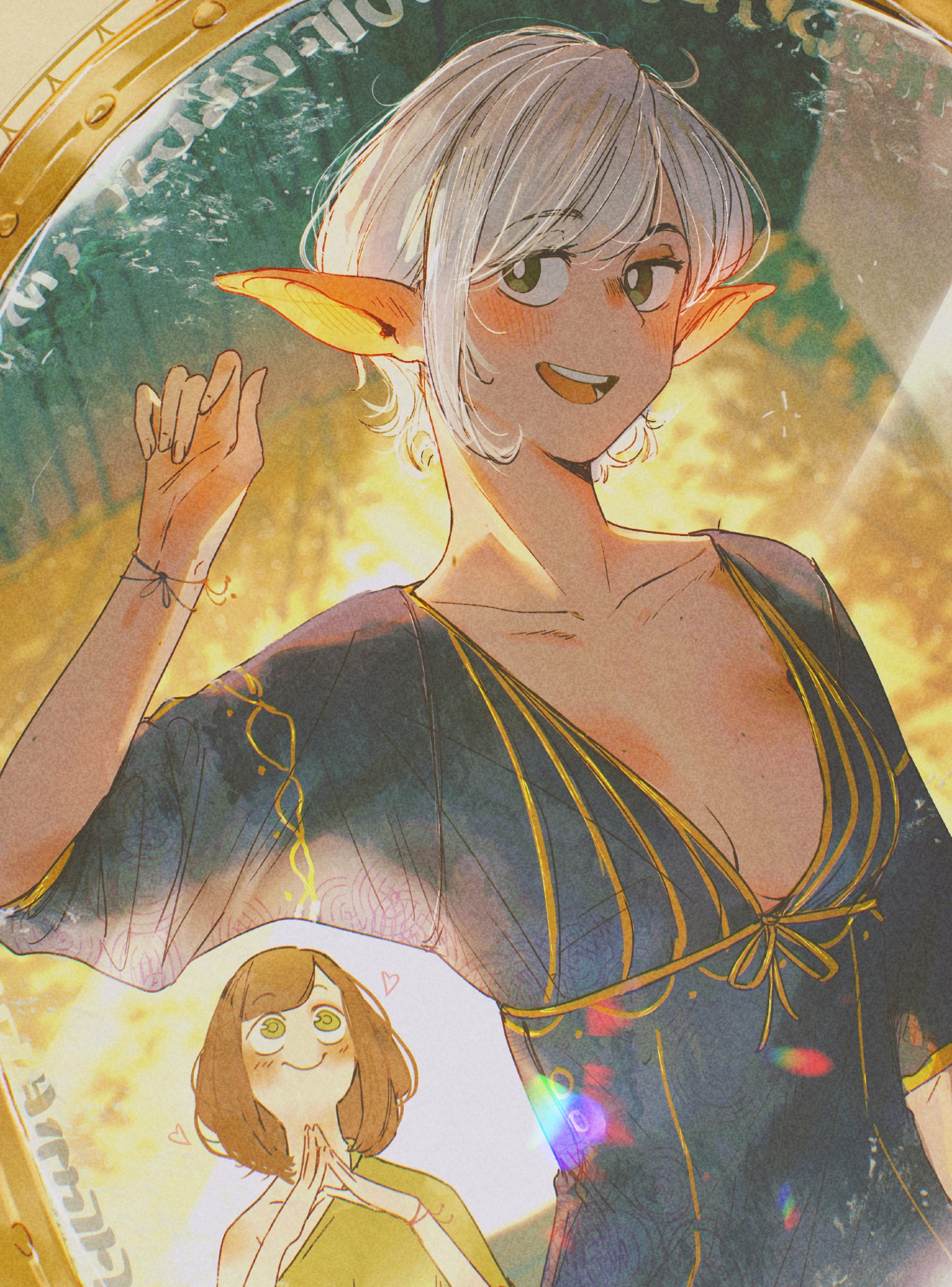 spindle (aidenr0), asimov (spindle (aidenr0)), ottilie (spindle (aidenr0)), original, alt text, commentary, english commentary, highres, 2girls, alternate hair length, alternate hairstyle, blue dress, blush, breasts, bright pupils, brown hair, cleavage, closed mouth, collarbone, dress, elf, eyelashes, fingernails, green eyes, medium hair, multiple girls, open mouth, own hands together, pointy ears, short hair, single bare shoulder, smile, teeth, upper body, white hair, white pupils