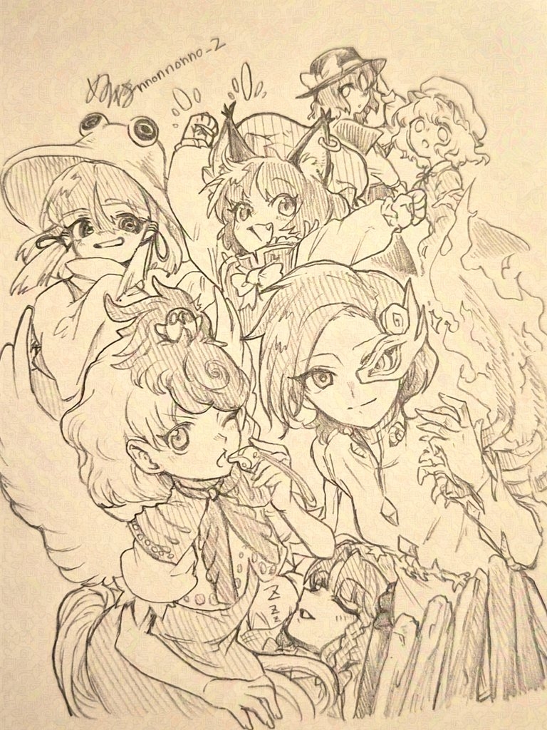 menotama, chen, hong meiling, iwanaga ariya, maribel hearn, moriya suwako, niwatari kutaka, usami renko, touhou, commentary request, traditional media, 6+girls, animal, animal ear piercing, animal ears, animal on head, artist name, baby animal, bird, bird on head, blush, bow, bowtie, braid, cat ears, chick, closed mouth, dress, earrings, fang, fiery wings, hair ribbon, half mask, hat, hat bow, hat ornament, holding, holding whistle, hoop earrings, jewelry, long sleeves, looking at viewer, mask, mask over one eye, mob cap, multiple girls, on head, one eye closed, open mouth, ribbon, shirt, signature, single earring, skeletal clothes, skirt, sleeping, smile, star (symbol), star hat ornament, vest, whistle, wings