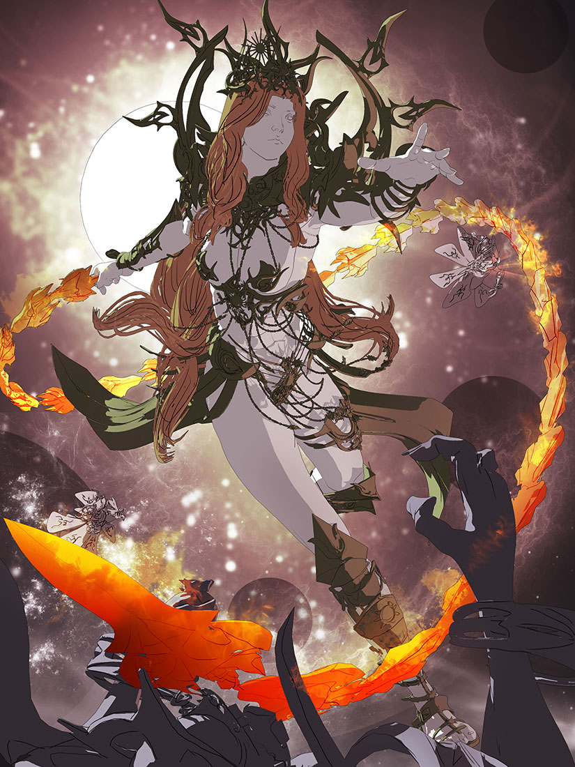 yu cheng hong, legend of the cryptids, original, character request, official art, unfinished, 1girl, 1other, abs, arm up, armor, armored pasties, armpits, attack, bikini armor, boots, breasts, brown boots, dynamic pose, fantasy, fire, fireball, floating clothes, floating hair, full body, gold armor, gold gauntlets, gold thighlet, holding, holding whip, jewelry, large breasts, light particles, lipstick, long hair, long sidelocks, looking ahead, makeup, monster, navel, nose, outstretched arms, parted lips, pasties, planet, reaching, reaching towards viewer, realistic, red eyes, red hair, red lips, revealing clothes, shoulder blades, sidelocks, sky, solo focus, space, standing, standing on one leg, star (sky), sun, thighlet, tiara, toned, toned female, turning around, very long hair