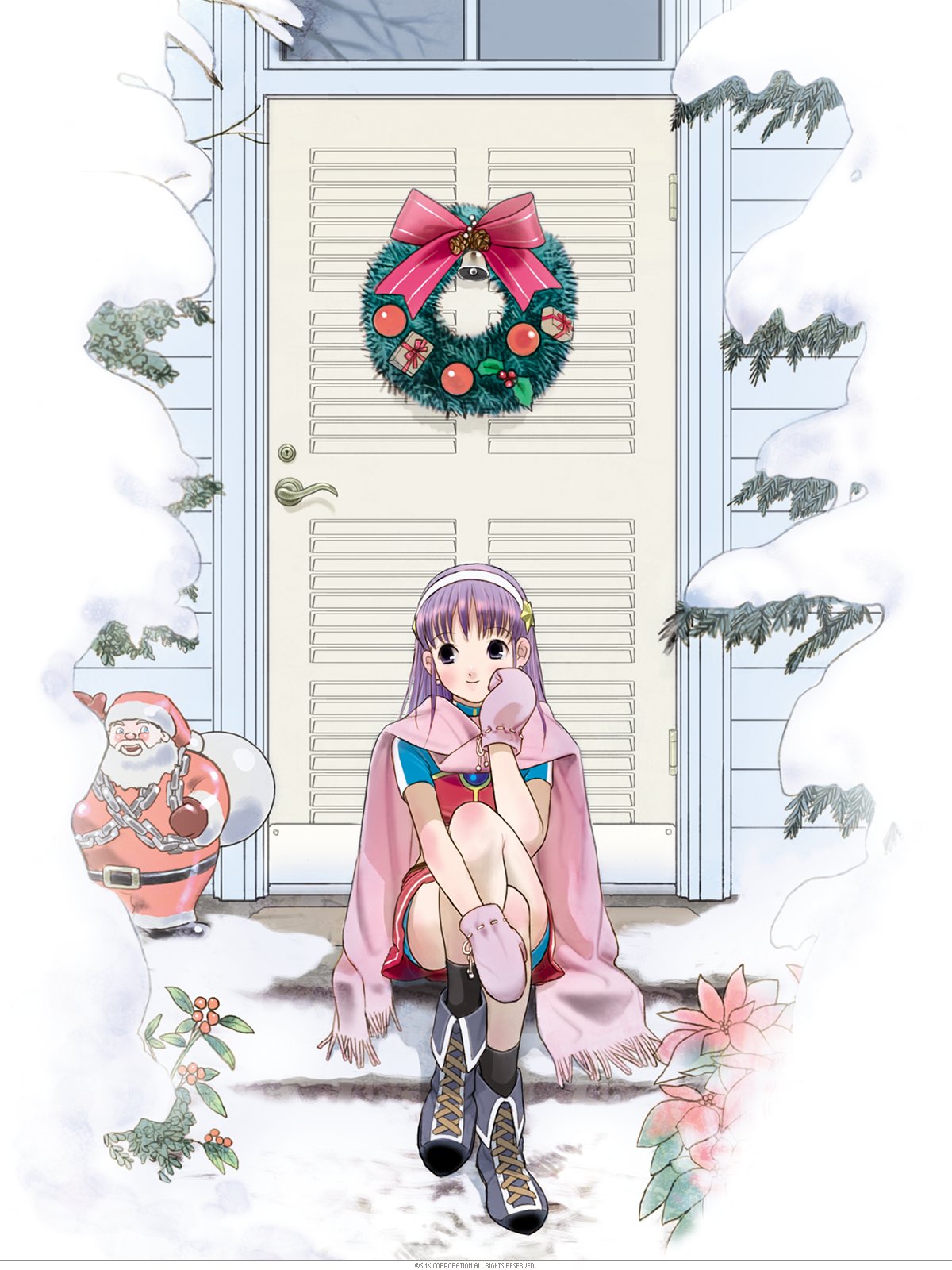 asamiya athena, the king of fighters, 1girl, christmas, door, female focus, gloves, hairband, long hair, outdoors, pale skin, purple hair, shoes, skirt, smile, smiley face, snow, star (symbol), thighs