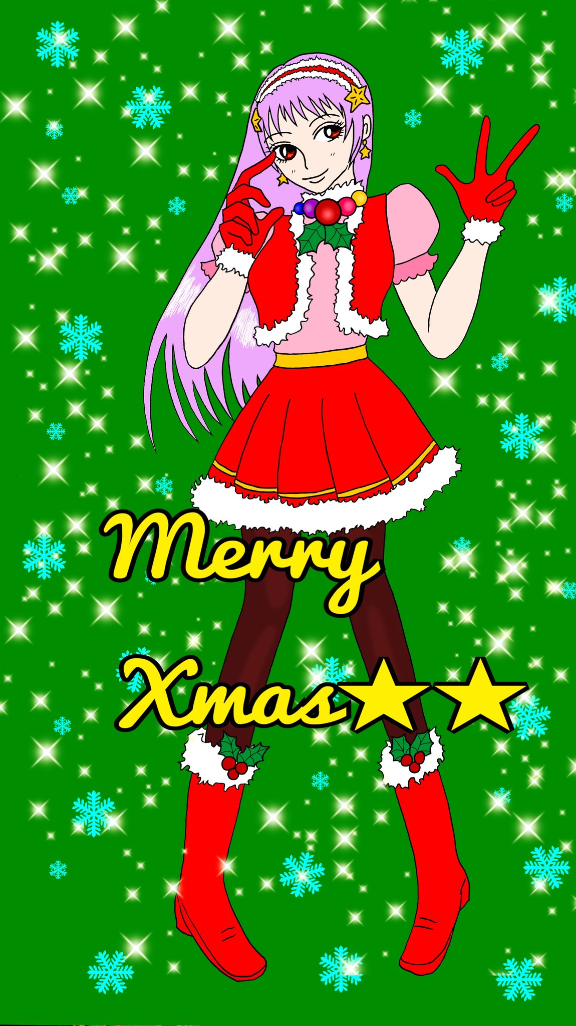asamiya athena, the king of fighters, 1girl, christmas, coat, dress, female focus, gloves, hairband, long hair, pale skin, purple hair, red eyes, shoes, skirt, smile, standing, star (symbol), thighs, yukari nesan