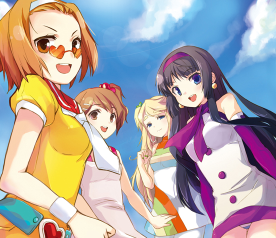 jin young-in, akiyama mio, hirasawa yui, kotobuki tsumugi, tainaka ritsu, fuwafuwa time, k-on!, eyebrows, bad id, bad pixiv id, 00s, 4girls, bare shoulders, belt, black hair, blonde hair, brown hair, dress, elbow gloves, fashion, gloves, hair ornament, hairband, hairclip, ho-kago tea time, long hair, mod fashion, multiple girls, open mouth, panties, school uniform, serafuku, smile, striped clothes, striped panties, sunglasses, underwear, upskirt