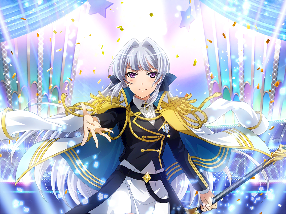 yukishiro akira, shoujo kageki revue starlight, shoujo kageki revue starlight -re live-, game cg, official art, 1girl, black jacket, closed mouth, confetti, epaulettes, grey hair, hair intakes, holding, holding polearm, holding weapon, jacket, jacket on shoulders, lance, long hair, long sleeves, looking at viewer, polearm, purple eyes, reaching, reaching towards viewer, skirt, smile, solo, stage lights, standing, upper body, weapon, white jacket, white skirt