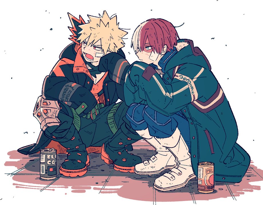 bakugou katsuki, todoroki shoto, boku no hero academia, 2boys, bandaid, bandaid on cheek, bandaid on face, black boots, black jacket, black pants, blonde hair, blue eyes, blue pants, boots, can, closed mouth, coat, coffee, drink can, furrowed brow, green coat, hair between eyes, head on hand, jacket, long coat, male focus, milk, multicolored hair, multiple boys, open mouth, pants, red eyes, red hair, scar, scar across eye, scar on face, short hair, siixxbt, spiked hair, squatting, superhero costume, two-tone hair, white background, white boots, white hair