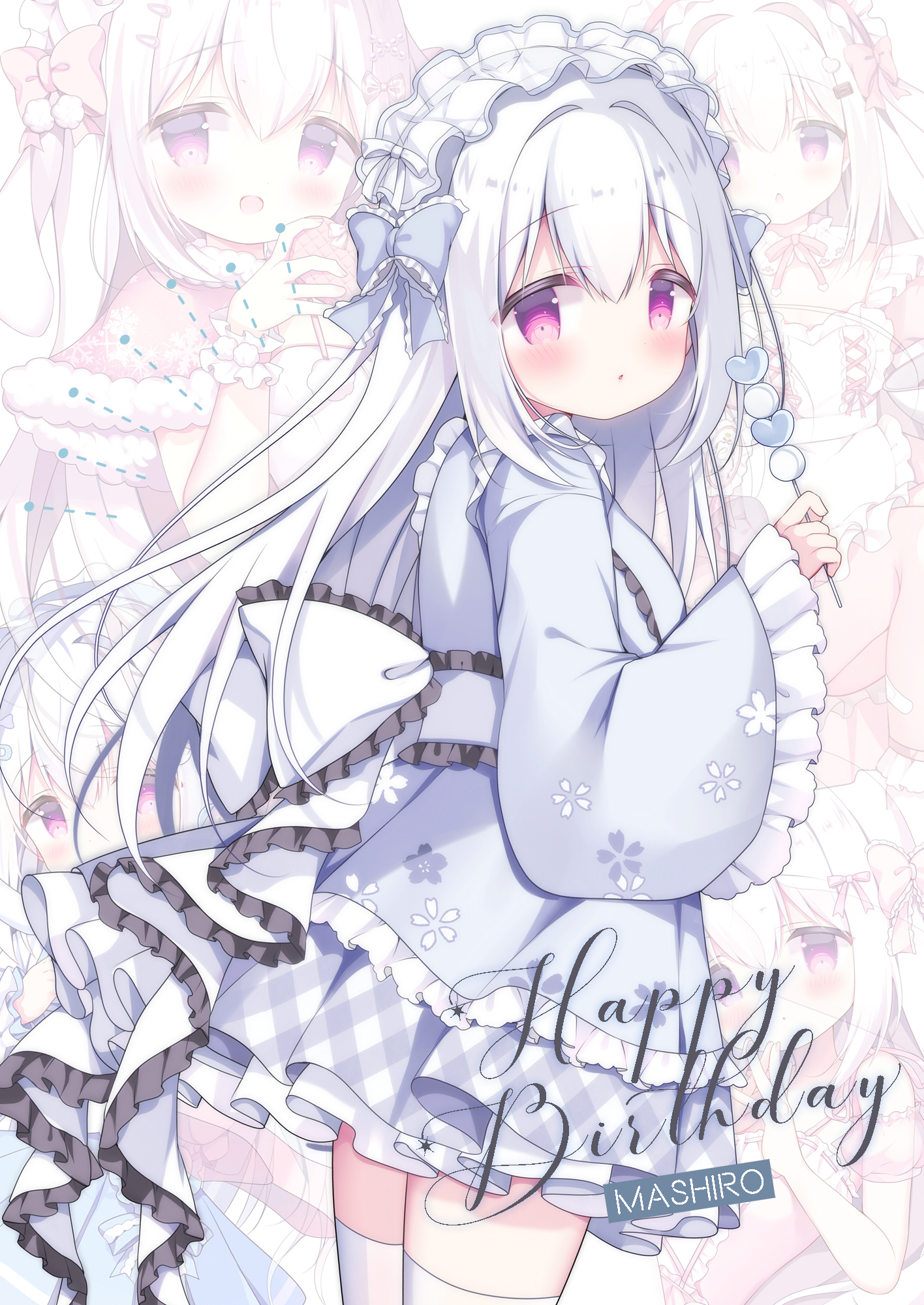 azumi kazuki, original, commentary request, highres, 1girl, blue kimono, dango, food, frills, holding, holding skewer, japanese clothes, kimono, long hair, long sleeves, looking at viewer, multiple views, open mouth, purple eyes, skewer, thighhighs, wagashi, white hair, white thighhighs, wide sleeves