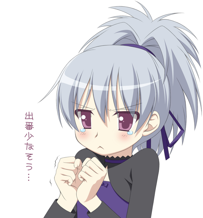 gaou (babel), yin (darker than black), darker than black, translation request, 00s, 1girl, :<, ;<, female focus, grey hair, one eye closed, ponytail, purple eyes, ribbon, solo, tears, white background