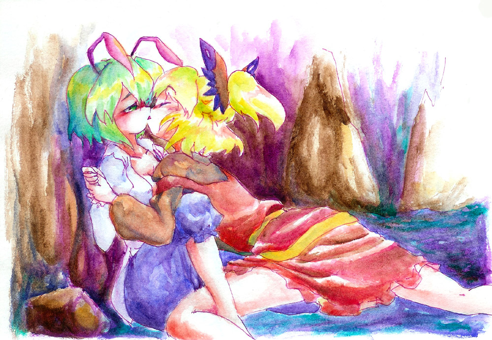 windmeal, kurodani yamame, wriggle nightbug, touhou, bad id, bad pixiv id, 2girls, antennae, blonde hair, female focus, green hair, kiss, multiple girls, ponytail, short hair, yuri