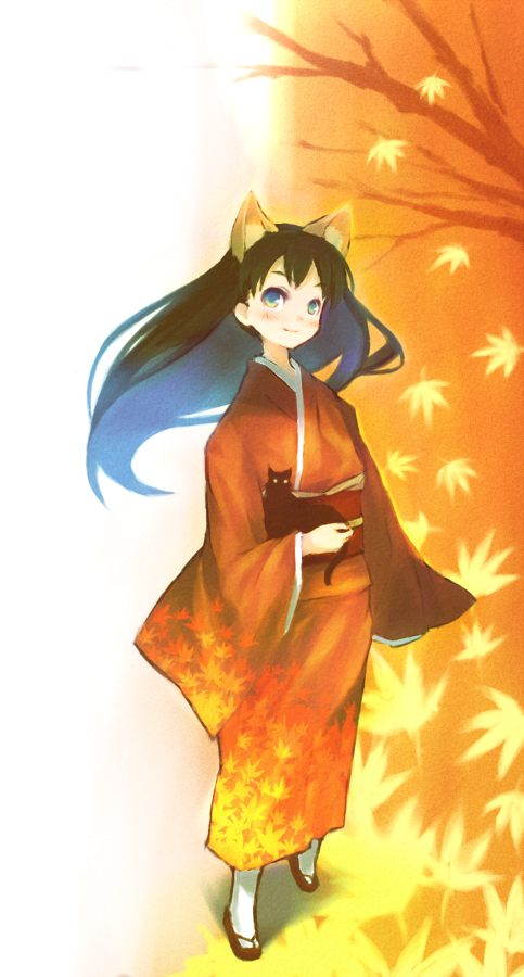 xexu, original, 1girl, animal ears, autumn, cat, cat ears, female focus, full body, gradient background, japanese clothes, kimono, leaf, maple leaf, nature, outdoors, solo