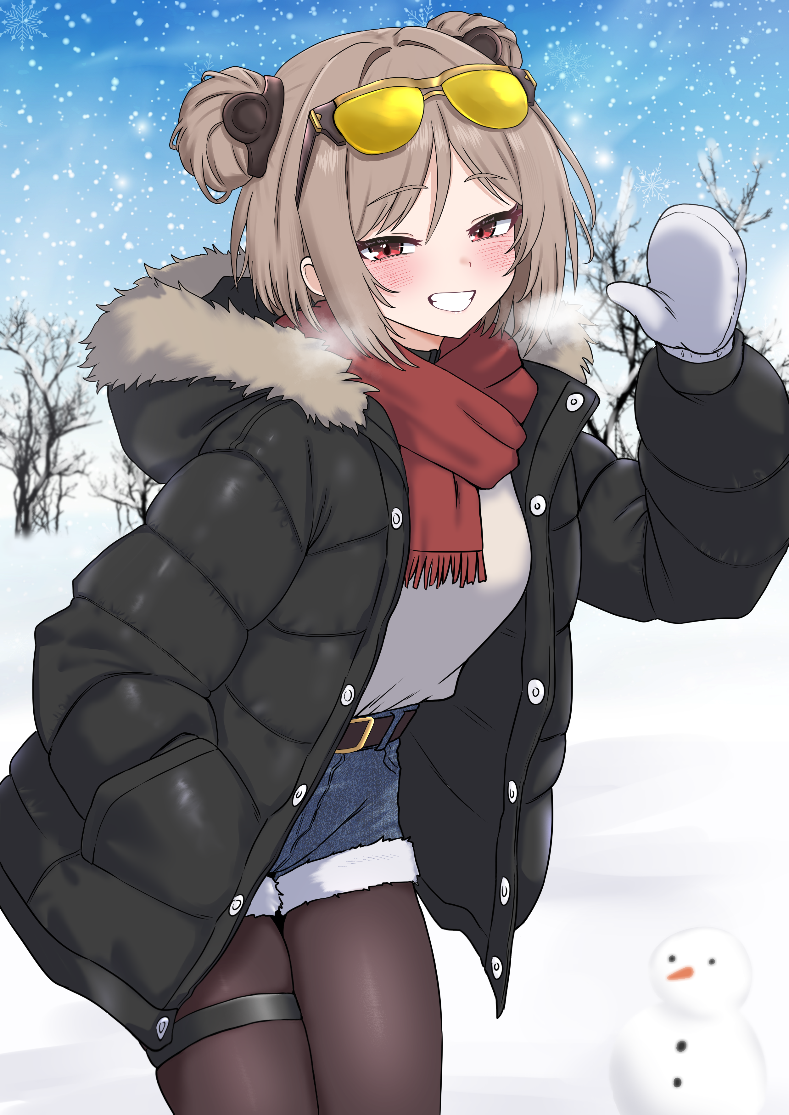 oldsickkim, p90 (girls' frontline), girls' frontline, absurdres, commission, highres, pixiv commission, 1girl, belt, black jacket, blue shorts, brown hair, brown pantyhose, cowboy shot, denim, denim shorts, double bun, down jacket, eyewear on head, fur trim, grin, hair bun, hand in pocket, jacket, looking at viewer, medium hair, mittens, open clothes, open jacket, pantyhose, red eyes, red scarf, scarf, shirt, short shorts, shorts, smile, snowing, solo, sunglasses, thigh strap, white shirt, winter