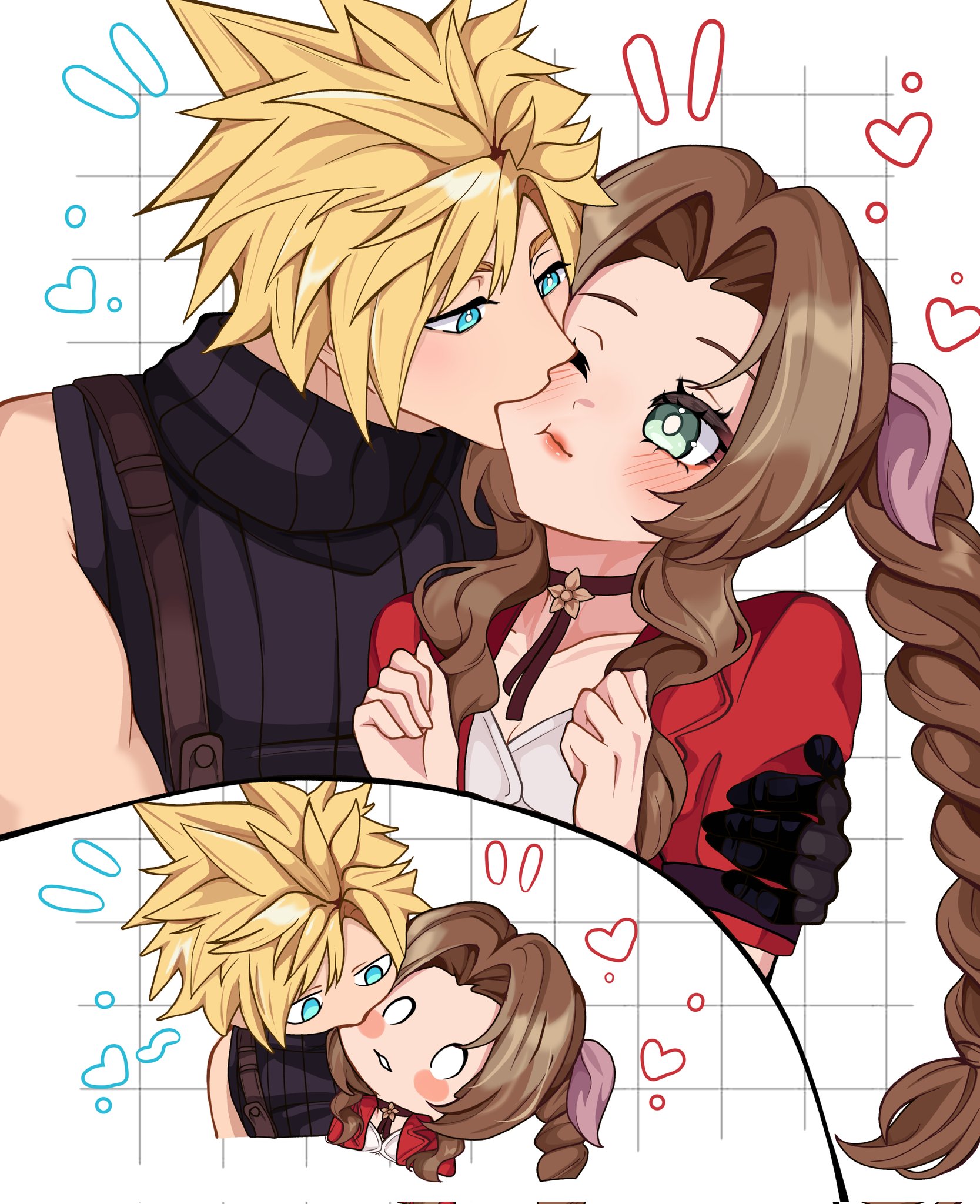 miovartz, aerith gainsborough, cloud strife, final fantasy, final fantasy vii, final fantasy vii remake, commission, highres, 1boy, 1girl, aqua eyes, arm around shoulder, biting, biting cheek, black gloves, black shirt, blonde hair, blush, braid, braided ponytail, breasts, brown hair, choker, couple, dress, flower choker, gloves, green eyes, grid background, hair ribbon, hetero, jacket, medium breasts, one eye closed, parted bangs, parted lips, pink dress, pink ribbon, red jacket, ribbon, shirt, short hair, sidelocks, single bare shoulder, single braid, sleeveless, sleeveless turtleneck, spiked hair, suspenders, turtleneck, upper body