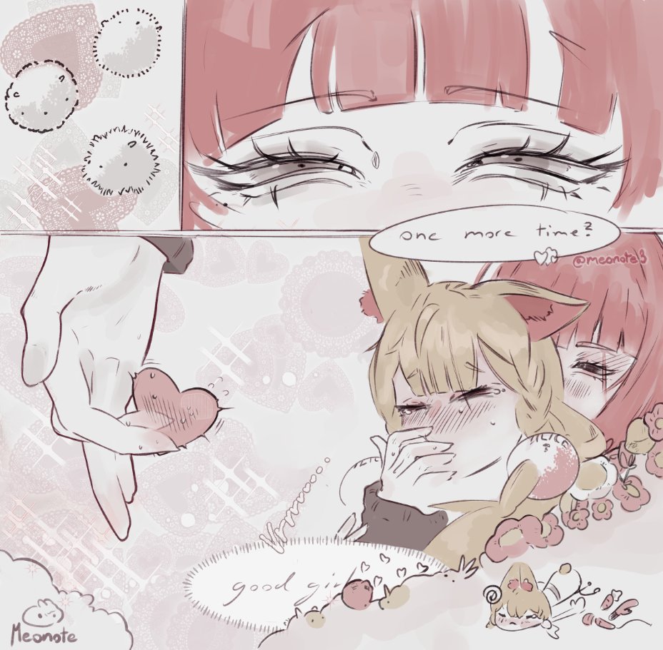 alice thymefield, ukinami yuzuha, zenless zone zero, commentary, english commentary, 2girls, animal ears, blonde hair, blush, closed eyes, covering own mouth, english text, fingering, fox ears, grey eyes, heart, long hair, meonote, multiple girls, red hair, sparkle, speech bubble, sweat, yuri