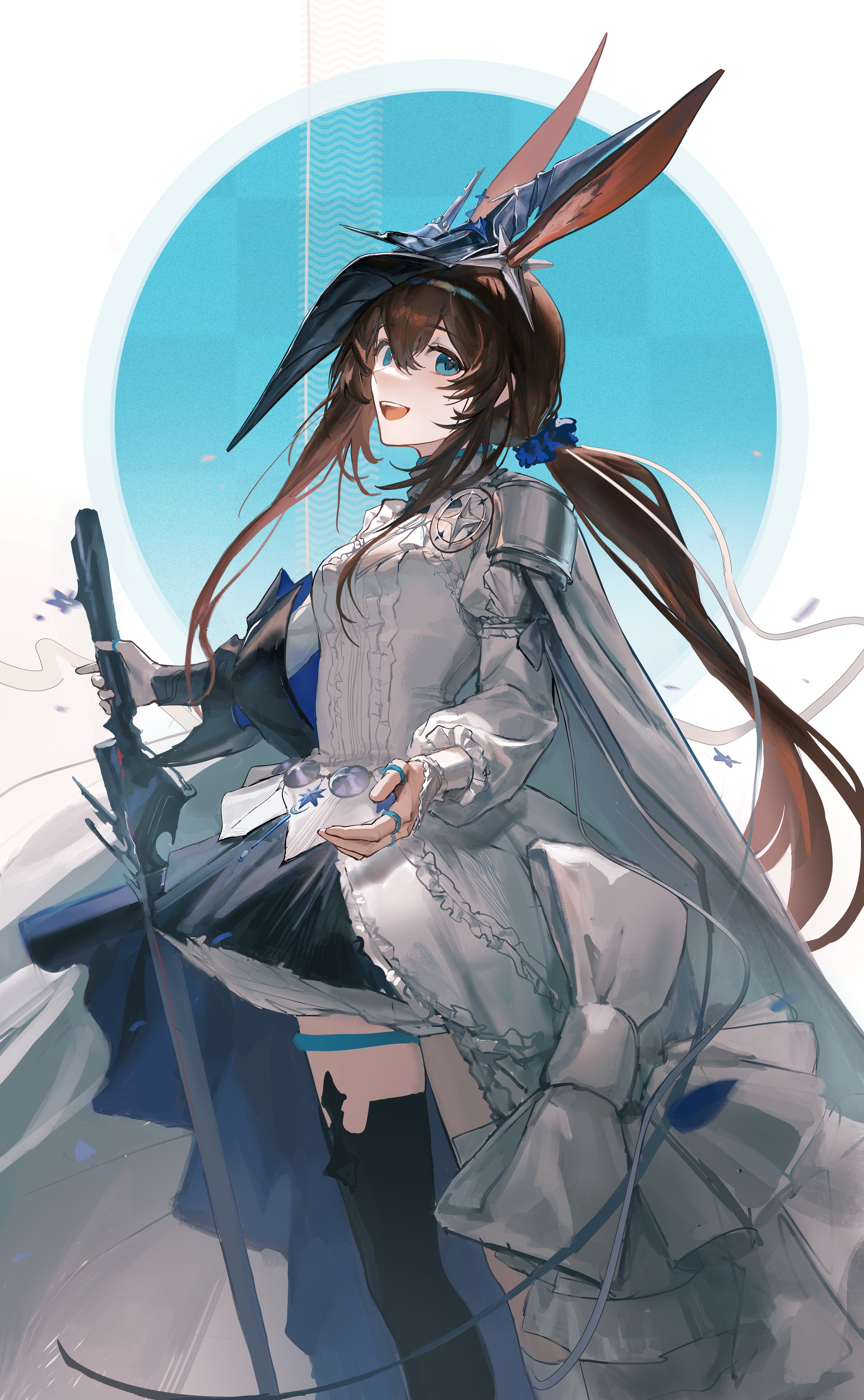 toxyzz, amiya (arknights), amiya (guard) (arknights), infection monitor (arknights), arknights, absurdres, commentary request, highres, 1girl, :d, amiya (guard) (in a myriad of universes) (arknights), animal ears, armor, armored dress, asymmetrical legwear, black skirt, blue eyes, boots, bow, brown hair, center frills, cuisses, dress, feet out of frame, frilled dress, frilled sleeves, frills, from side, gauntlets, hair between eyes, high-low dress, holding, holding sword, holding weapon, jewelry, knee boots, layered skirt, long hair, long sidelocks, long sleeves, multiple rings, open mouth, overskirt, pauldrons, ponytail, puffy sleeves, rabbit ears, rabbit girl, ring, shoulder armor, sidelocks, sideways glance, single armored boot, single gauntlet, single pauldron, skirt, smile, solo, standing, sword, tilted headwear, weapon, white background, white boots, white bow, white dress