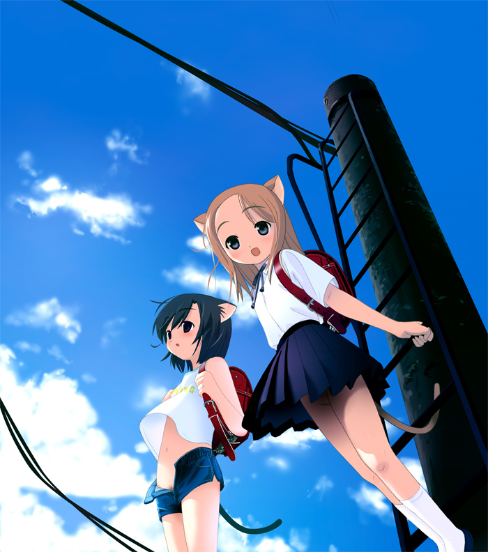artist request, 2girls, animal ears, backpack, bag, black eyes, blue eyes, blush, denim, denim shorts, ladder, loli, midriff, multiple girls, navel, no panties, pubic hair, pussy, randoseru, school uniform, short shorts, shorts, sky, smile, socks, tail, unzipped, upskirt