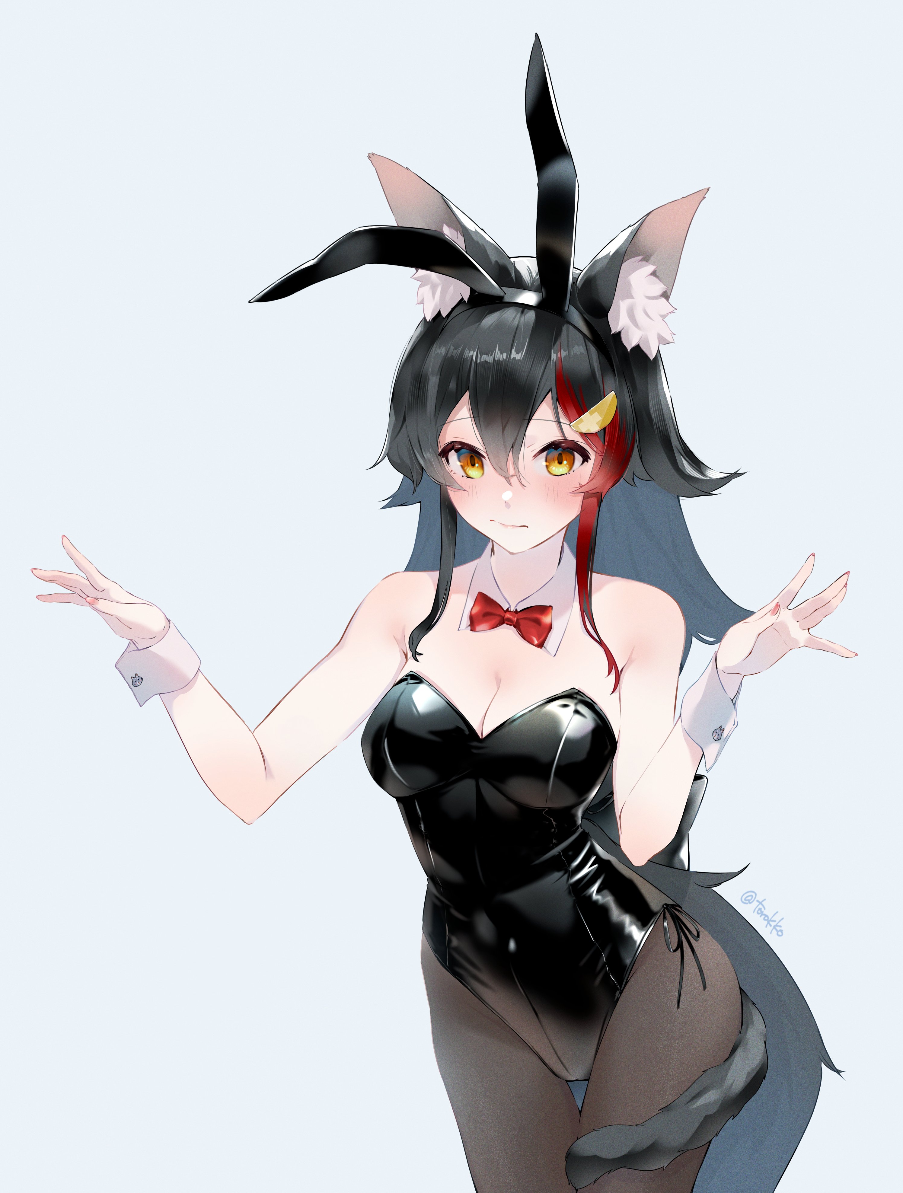 torokko, ookami mio, hololive, absurdres, commentary request, highres, 1girl, ||/, alternate costume, animal ear fluff, animal ear hairband, animal ears, artist name, bare shoulders, black hair, black leotard, black pantyhose, bow, bowtie, breasts, cleavage, closed mouth, cowboy shot, detached collar, fake animal ears, grey background, hair ornament, hairband, hands up, leotard, light blush, long hair, looking at viewer, multicolored hair, nail polish, pantyhose, pink nails, playboy bunny, rabbit ear hairband, rabbit ears, red bow, red bowtie, red streaks, side-tie leotard, simple background, solo, strapless, strapless leotard, streaked hair, tail, tail around own leg, tail wrap, twitter username, virtual youtuber, white wrist cuffs, wolf ears, wolf girl, wolf tail, wrist cuffs, yellow eyes