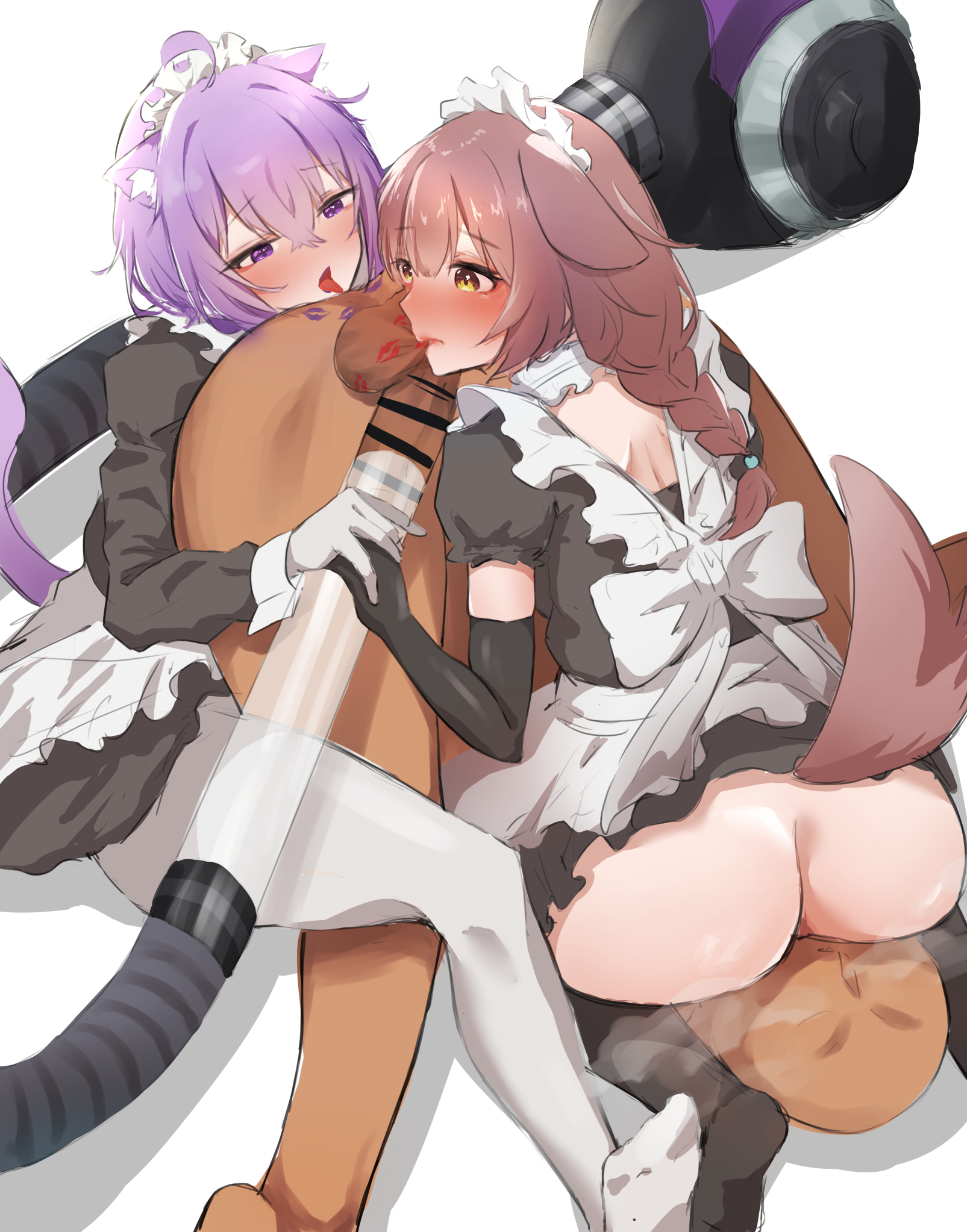 kinekoo1229, inugami korone, nekomata okayu, hololive, commentary request, highres, 1boy, 2girls, ahoge, anilingus, animal ear fluff, animal ears, apron, blush, bow, braid, brown hair, cat ears, cat girl, cat tail, dog ears, dog girl, dog tail, dress, frilled dress, frills, gloves, group sex, hair between eyes, hair ornament, hetero, lipstick mark, maid, maid apron, maid headdress, multiple girls, no shoes, oral, pantyhose, purple eyes, purple hair, simple background, sitting, sitting on face, sitting on person, soles, tail, testicle sucking, threesome, vacuum cleaner, virtual youtuber, white bow, white gloves, yellow background