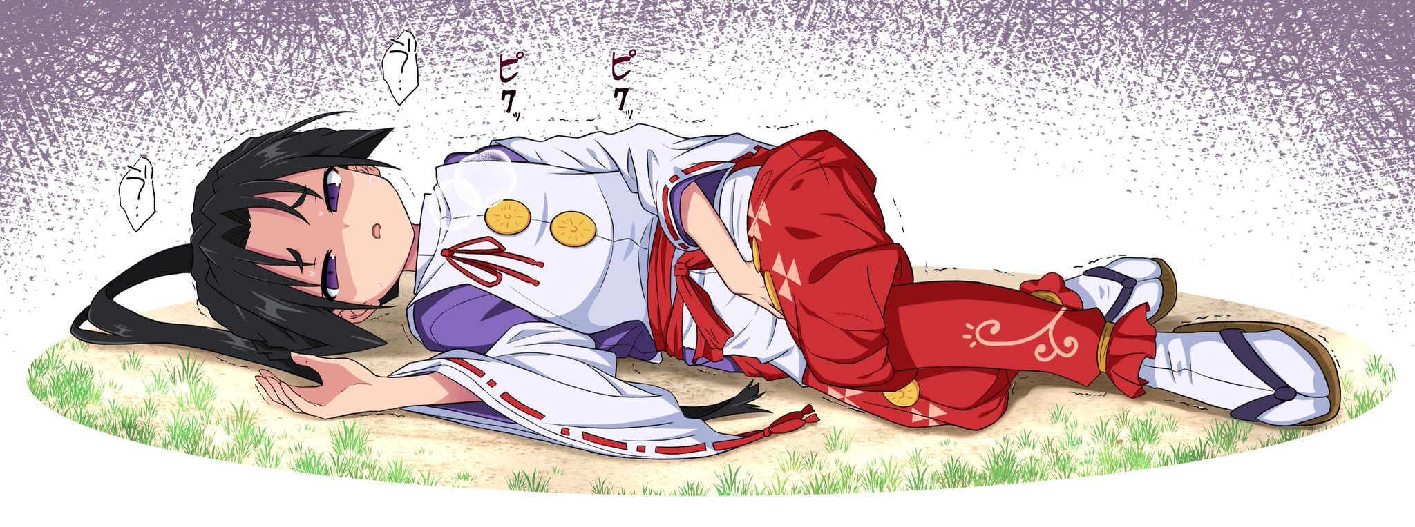 ca ligula (extendzamonas), houjou tokiyuki (nige jouzu no wakagimi), nige jouzu no wakagimi, highres, 1boy, between legs, black hair, curtained hair, grass, hakama, hakama pants, hand between legs, heavy breathing, japanese clothes, kariginu, long hair, long sleeves, looking at viewer, lying, male focus, motion lines, on ground, on side, open mouth, outdoors, pants, parted bangs, ponytail, puff of air, purple background, purple eyes, raised eyebrows, red hakama, red ribbon, red sash, ribbon, ribbon-trimmed sleeves, ribbon trim, sandals, sash, shaded face, solo, sweat, tabi, thick eyebrows, trembling, very long hair, white background, wide sleeves, zouri