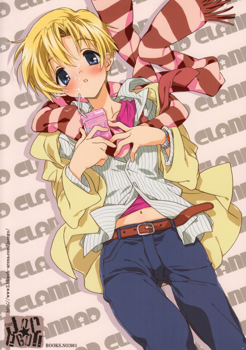 kasuga souichi, sunohara youhei, clannad, 00s, 1boy, androgynous, belt, blonde hair, blue eyes, blush, drink carton, drinking straw, juice, juice box, male focus, scarf, solo